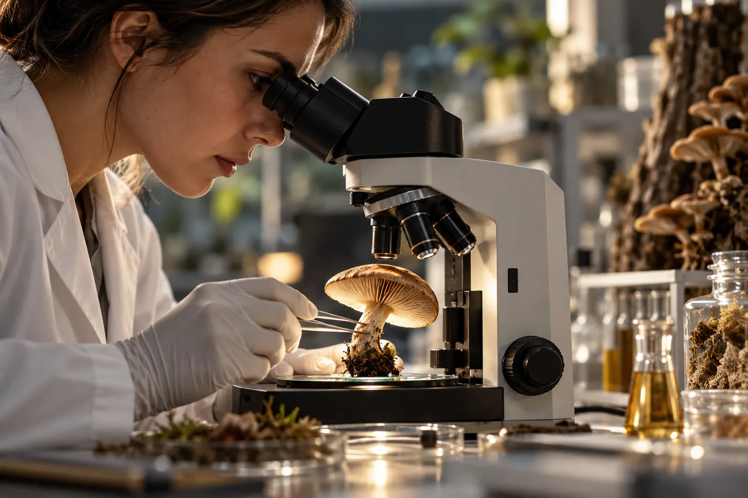 AI-generated editorial scene of a mycologist examining a generic mushroom; illustrative, not a specific species or drug source.