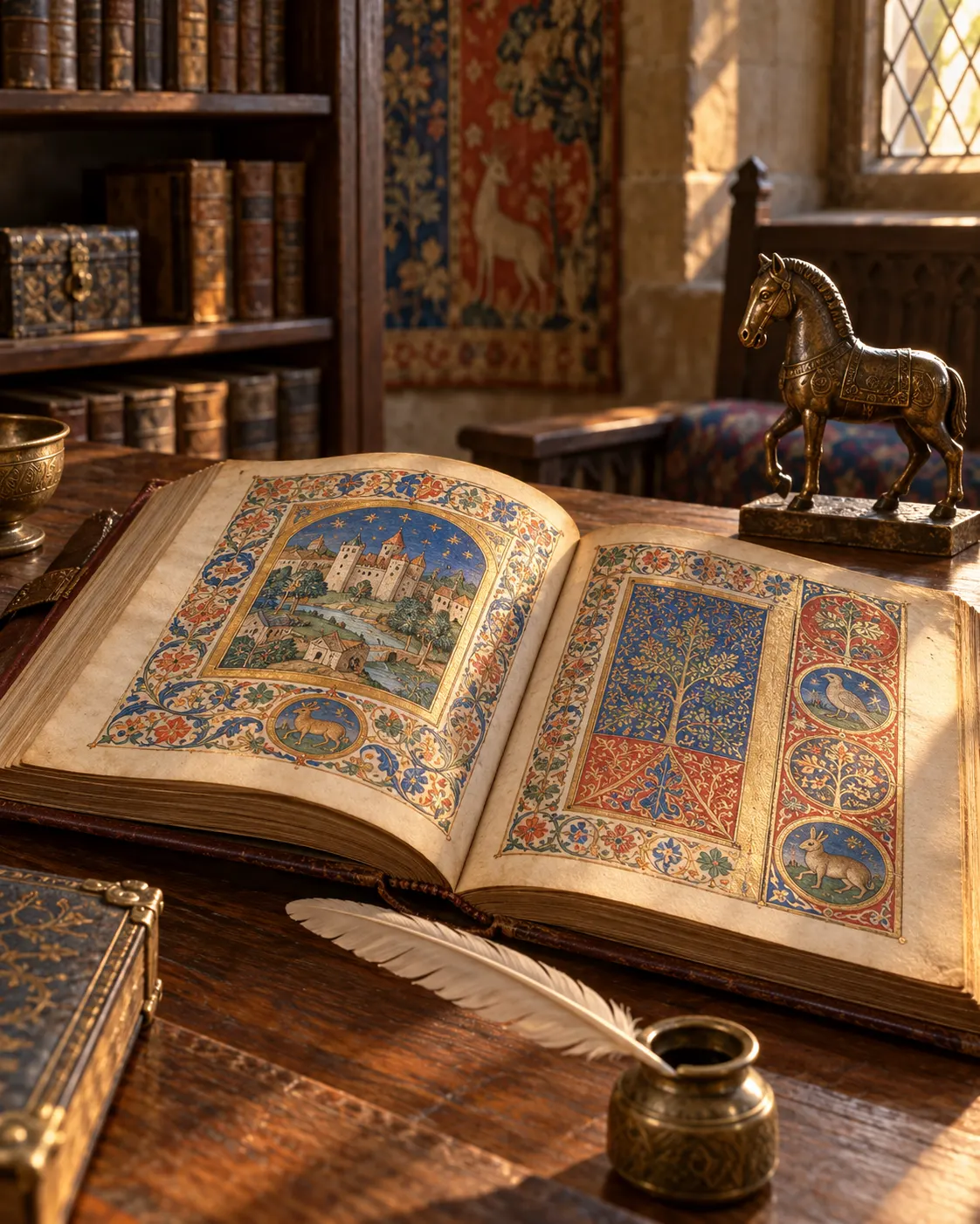 AI-generated with OpenAI image generation. Prompt: “Distinct photorealistic editorial illustration for medieval social history. An open illuminated manuscript on a wooden library table beside a small bronze horse figurine and a quill, pages have decorative patterns but no legible words, warm candlelike window light, no weapons, no people, no logos. Quiet museum documentary still life, portrait 4:5.”