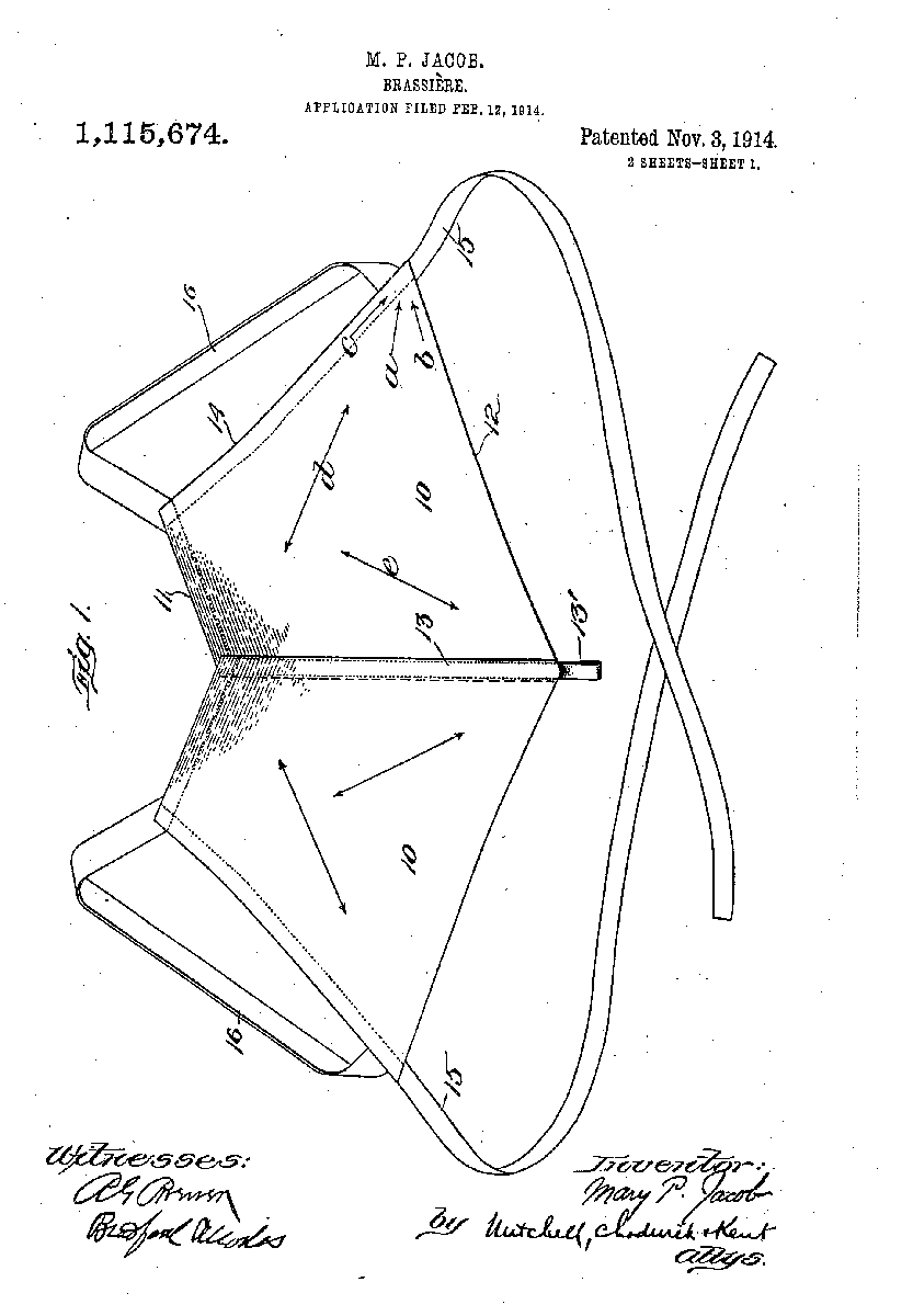 Mary Phelps Jacob's 1914 brassiere patent drawing, Wikimedia Commons, public domain in the United States. https://commons.wikimedia.org/wiki/File:Jacob-brassiere-patent-1914.png