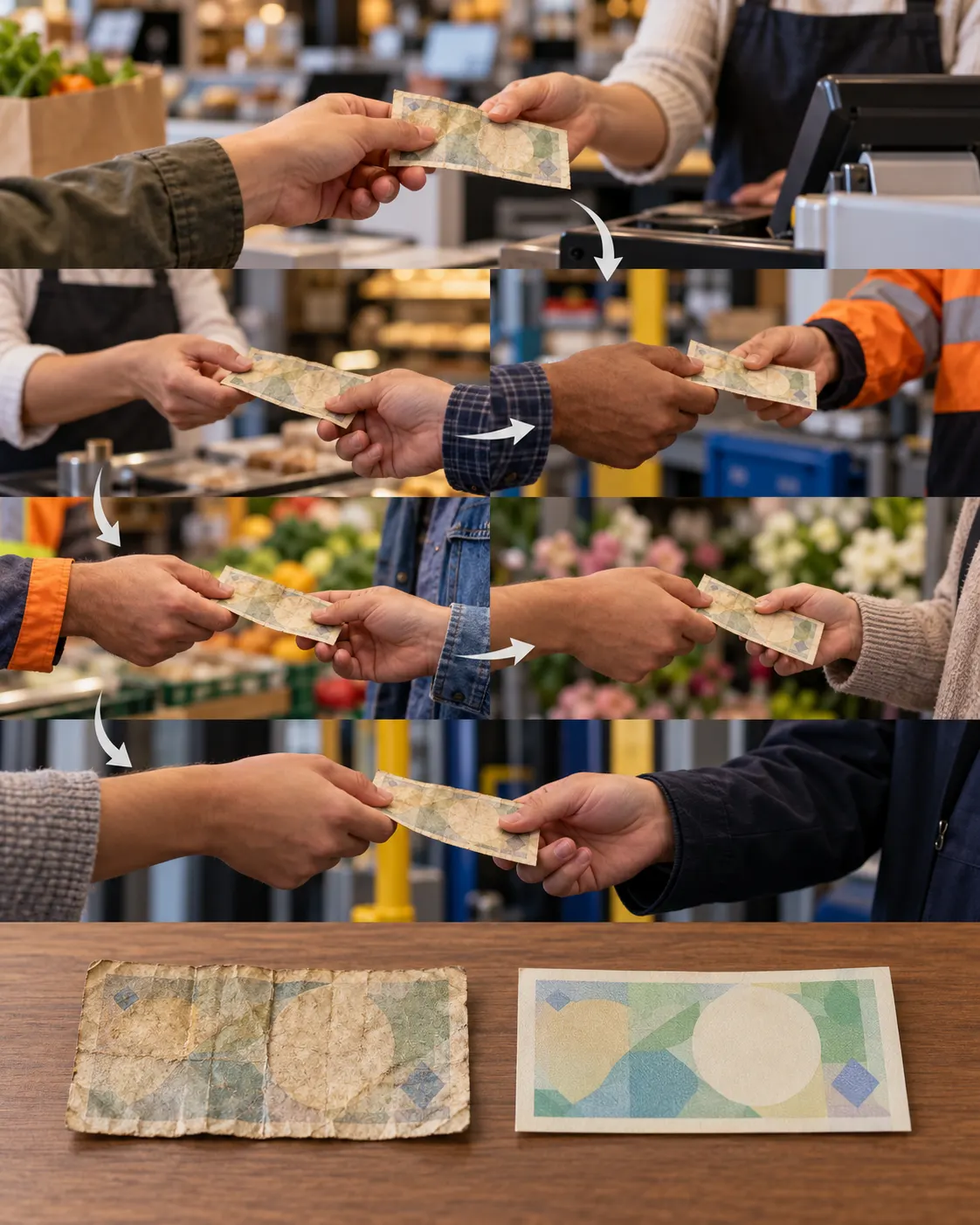 AI-generated symbolic sequence of anonymous hands passing a generic worn banknote, illustrating repeated circulation. The image does not document an actual note's path. Generated with OpenAI image generation; no external source or reuse license applies.