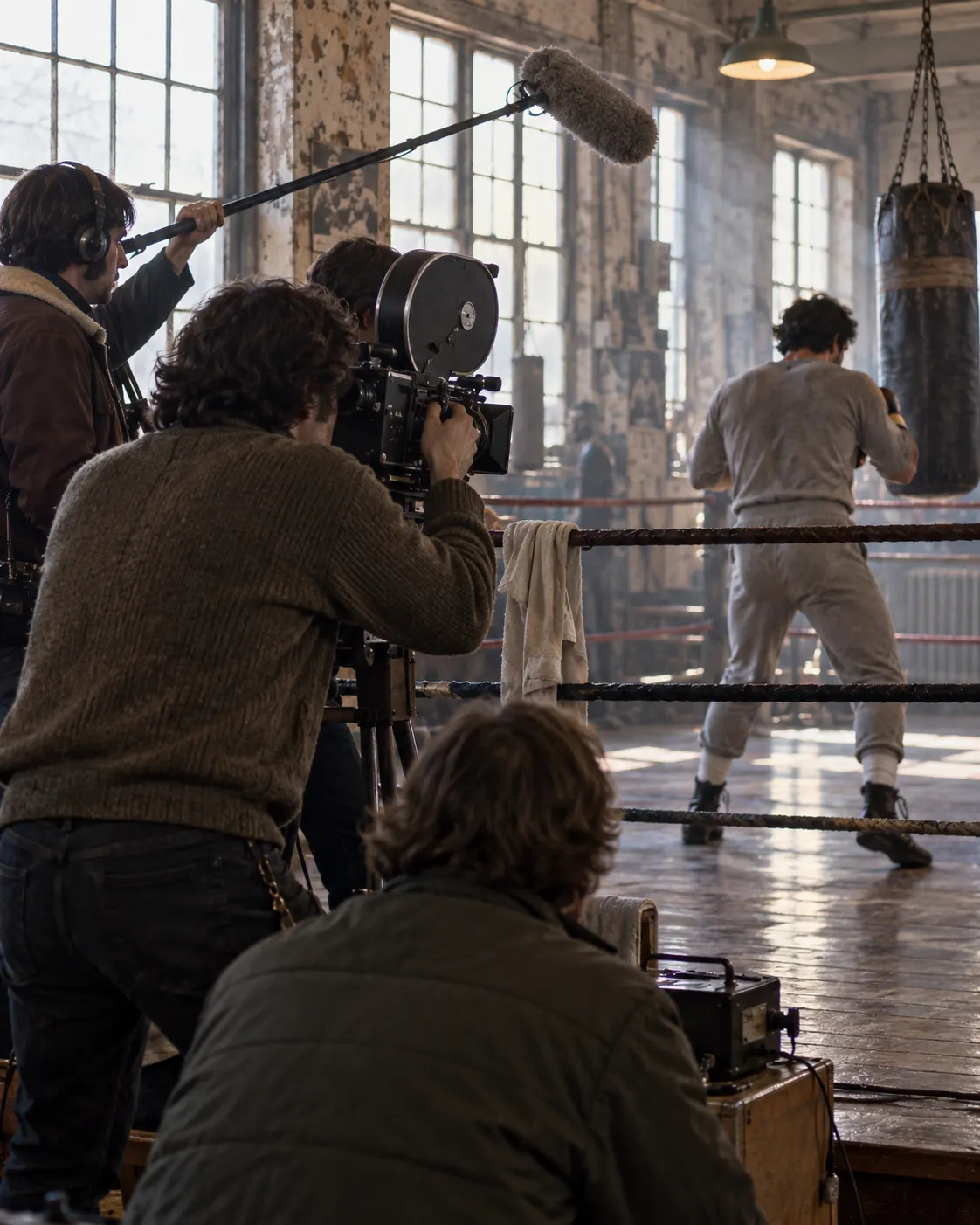 AI-generated symbolic scene of a boxing drama being filmed by a small 1970s crew; not an actual Rocky production still.