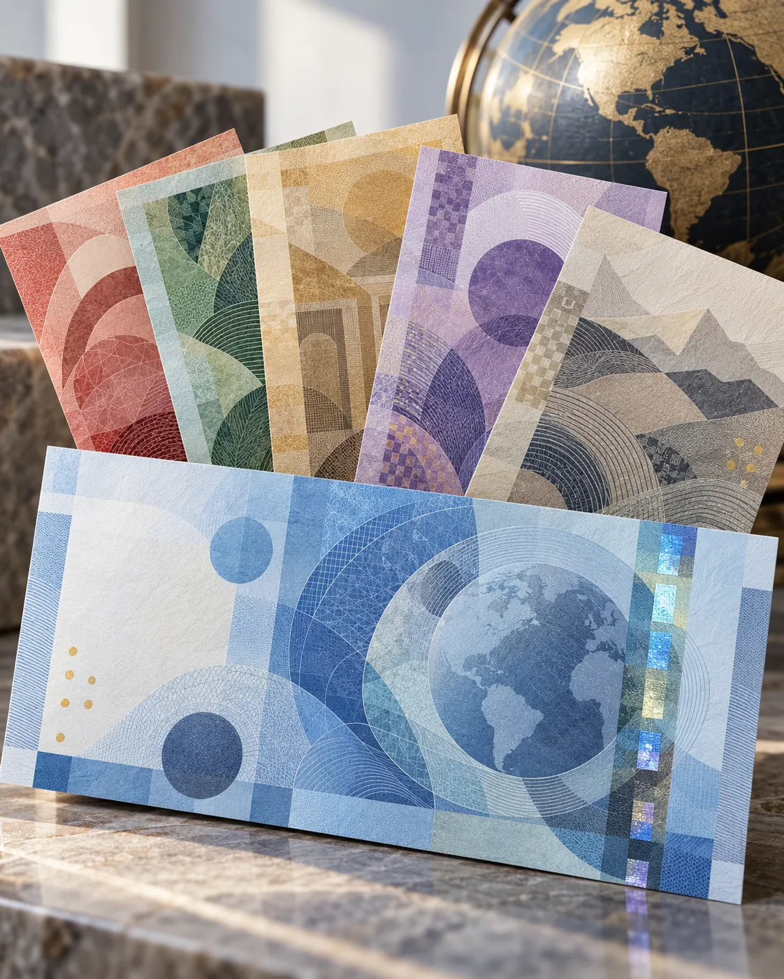 AI-generated abstract arrangement of generic banknote-like papers suggesting international currencies. It does not depict actual currency designs or prove the source's popularity rankings. Generated with OpenAI image generation; no external source or reuse license applies.