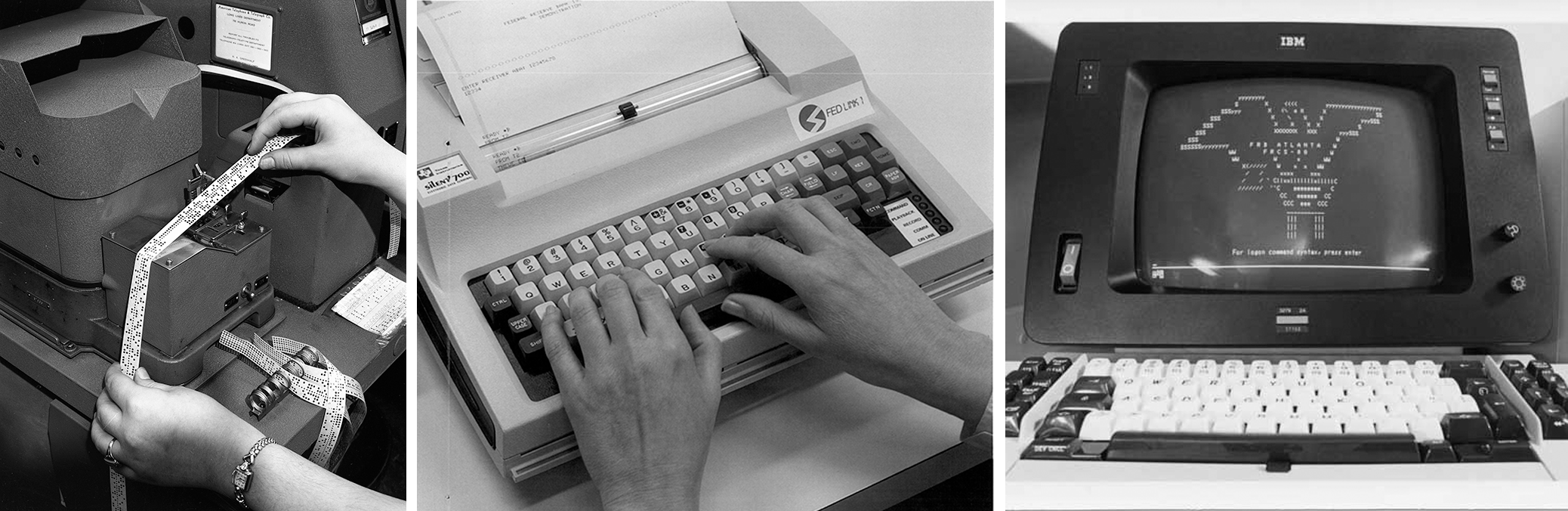 Three-panel progression of Fedwire transmission technology, including teletype punch tape (1953), a leased terminal (1981), and FRCS-80 terminal (1982).