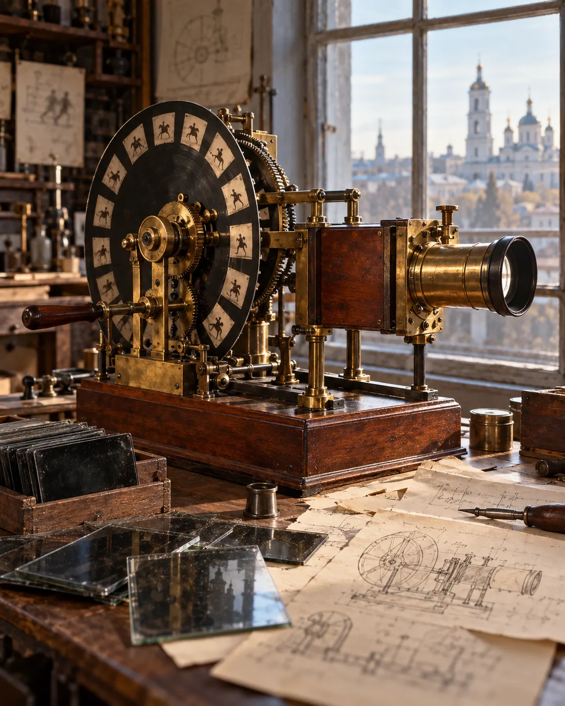 AI-generated symbolic reconstruction of an experimental motion-picture device; it is not a verified rendering of Tymchenko's apparatus.