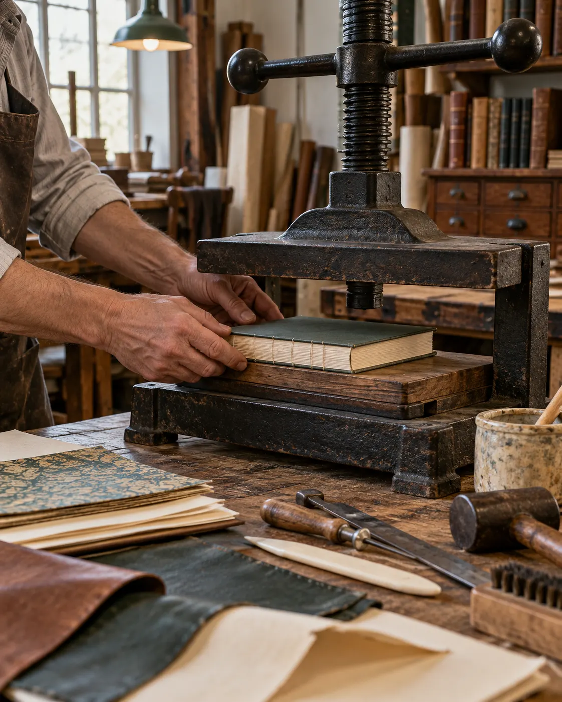 AI-generated fictional bookbinder pressing a generic hardback in a 1950s-style workshop; not the actual first copy. Prompt: “Photorealistic vertical 4:5 editorial scene inside a 1950s bookbinding workshop: a craftsperson's hands carefully placing a small hardback book block into a traditional press, paper and leather tools nearby. Period-appropriate workshop, no recognizable person, no readable title or text, no logos, not the actual first Guinness copy.” Generated 20 October 2026.