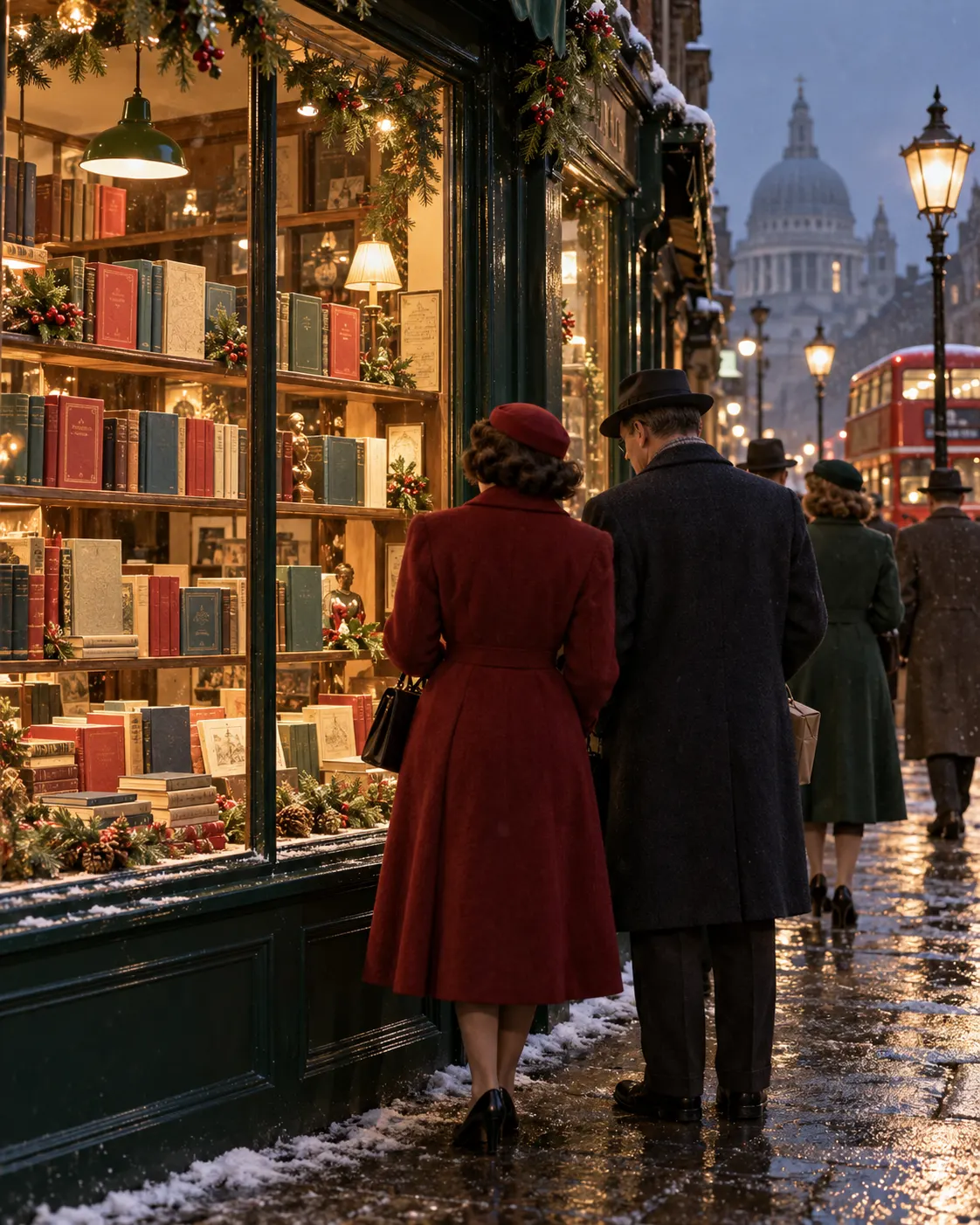 AI-generated fictional London bookshop scene at Christmas, evoking the book’s bestseller status by Christmas 1955; not the actual shop or launch. Prompt: “Photorealistic vertical 4:5 editorial scene evoking a 1950s London bookshop at Christmas: warm shop window with neatly displayed generic hardback books, subtle evergreen decoration and shoppers in period-appropriate coats viewed from behind. No readable titles, no identifiable people, no logos, and no claim to depict the actual shop or book launch.” Generated 20 October 2026.