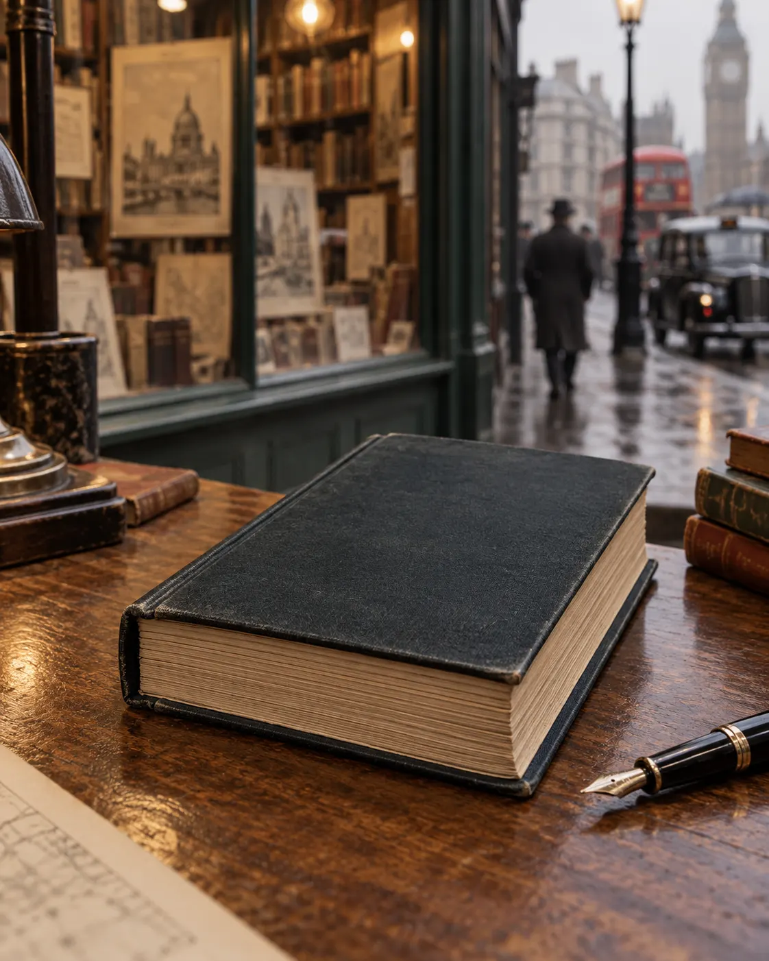 AI-generated cover: a generic mid-century hardback outside a 1950s-style London bookshop; not the first Guinness copy. Prompt: “Photorealistic vertical 4:5 editorial cover evoking the first British record book published in 1955. A small mid-century hardback book with a plain blank dark cover and visibly thick paper block on a wooden desk, beside a fountain pen and vintage London bookseller window softly out of focus. 1950s atmosphere, but no recognizable publication, readable title, text, logos or claim this is the actual first Guinness copy.” Generated 20 October 2026.
