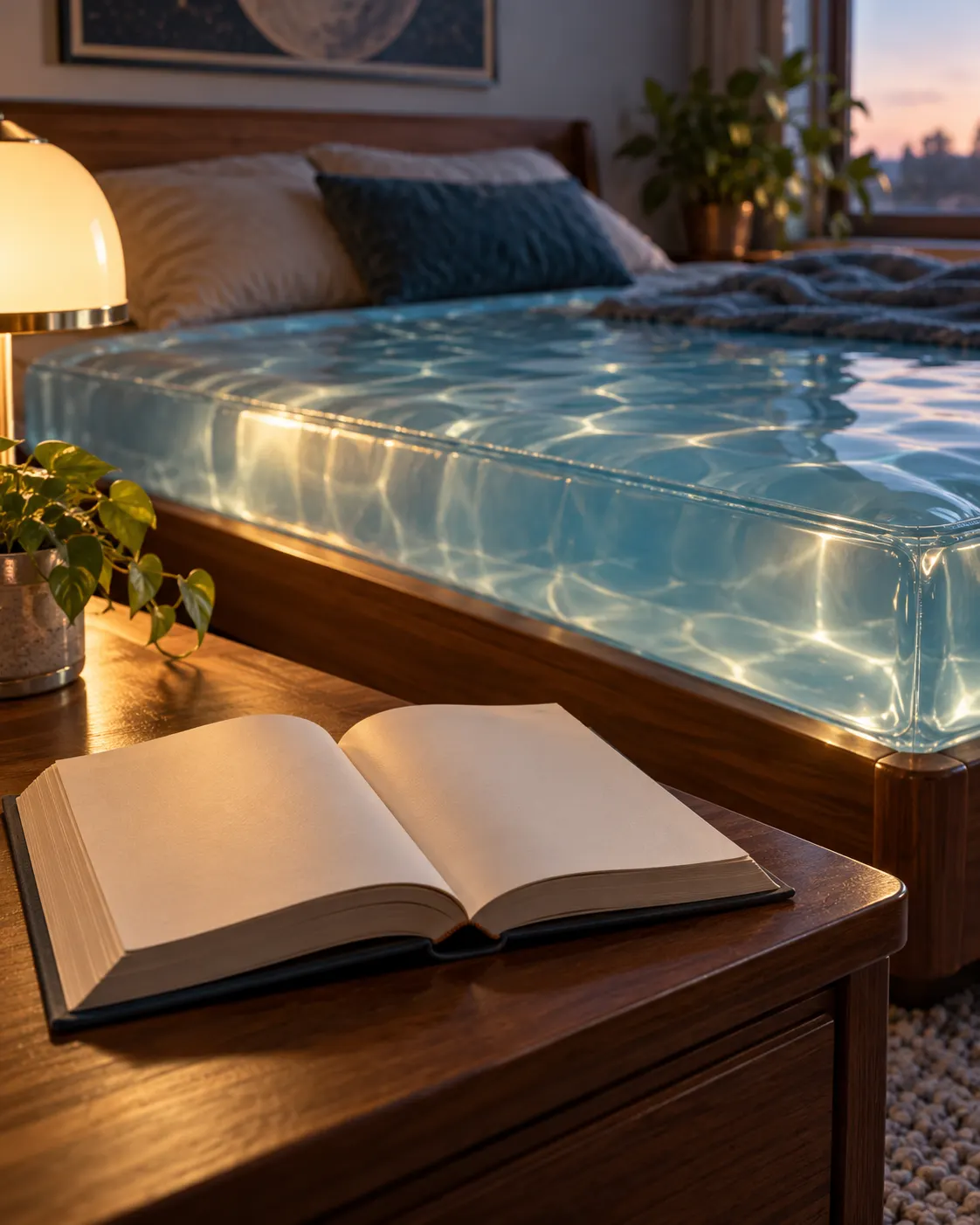 AI-generated cover image (created 2026-10-19). A photorealistic editorial scene pairing an open blank book with a clear waterbed; it illustrates the connection between Heinlein’s fictional “hydraulic bed” and later waterbeds without depicting a specific historical model. Exact generation prompt: “Photorealistic editorial cover for a story about Robert Heinlein's fictional hydraulic bed and Charles Hall's later waterbed design: an open blank science-fiction novel resting beside a clear water-filled mattress in a calm bedroom, vertical 4:5. Generic book and bed only; no readable text, recognizable book cover, logos, or claim the bed is a specific historical model.”