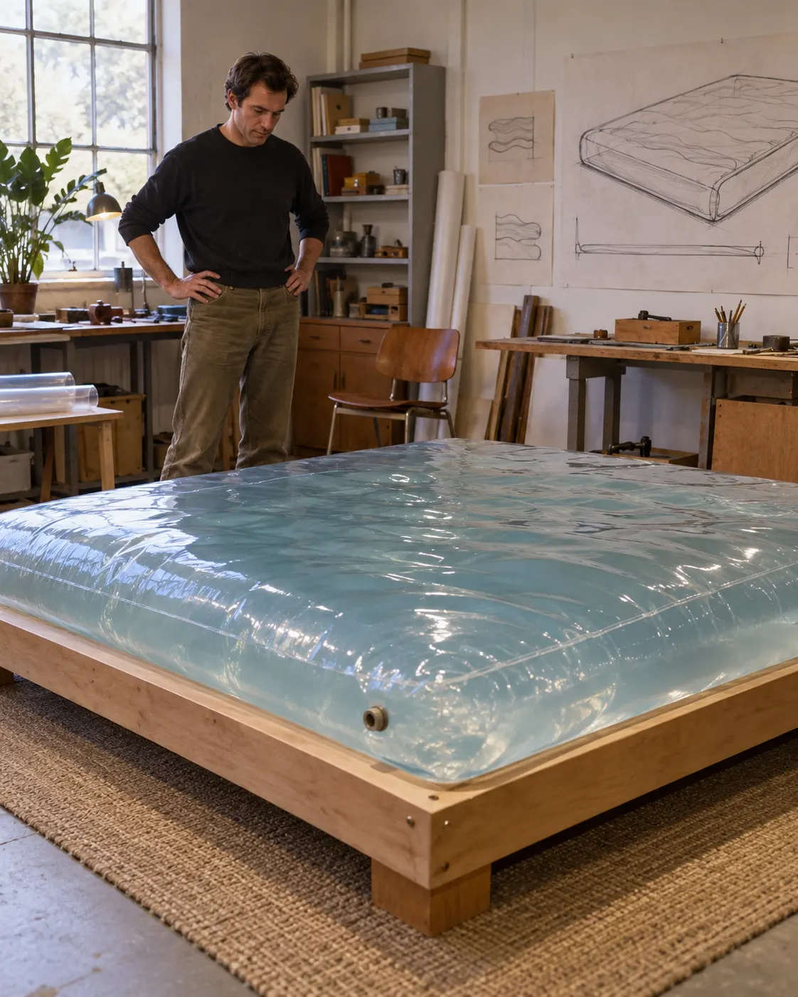 AI-generated editorial reconstruction (created 2026-10-19) of an experimental late-1960s water-filled mattress in a design workshop; not a photograph of Charles Hall or an exact historical prototype. Exact generation prompt: “Photorealistic editorial reconstruction of a 1968 experimental home waterbed prototype being shown in a modest design workshop, a simple plastic water-filled mattress on a low platform, anonymous adult designer standing nearby, vertical 4:5. Generic illustration, not a photograph of Charles Hall or an exact historical prototype; no readable text or logos.”