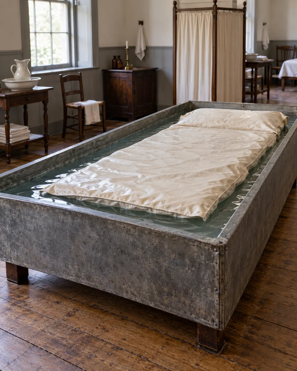 AI-generated historical reconstruction (created 2026-10-19) of the kind of shallow water-filled hydrostatic bed described by Neil Arnott in 1832; illustrative, not a surviving historical image or exact replica. Exact generation prompt: “Photorealistic historical editorial reconstruction of Neil Arnott's early 1830s hydrostatic bed: a simple shallow metal-lined trough filled with water, a loose waterproof sheet and thin mattress floating on top, inside a period hospital room, no patient present, vertical 4:5. Based on a written 1832 description, not a surviving photograph; no labels, text, or claim of exact historical accuracy.”