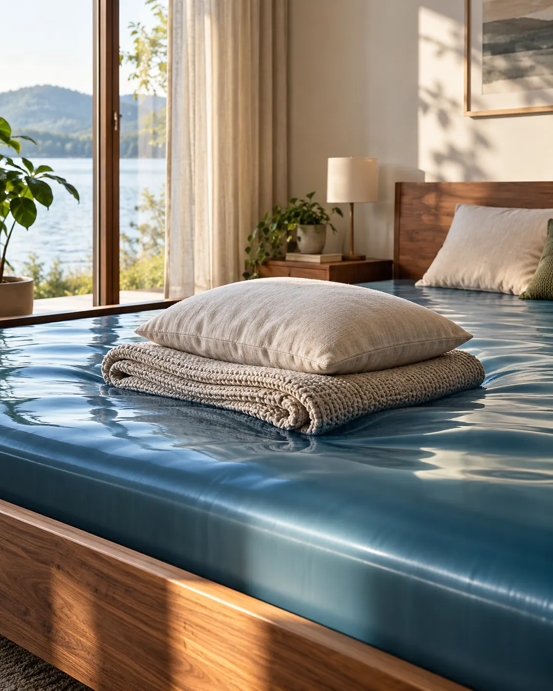 AI-generated editorial image (created 2026-10-19) of a contemporary waterbed in a bright bedroom, illustrating the later product category without identifying a brand. Exact generation prompt: “Photorealistic editorial image of a contemporary bedroom with a waterbed mattress gently conforming to a folded blanket and pillow, soft natural morning light, vertical 4:5. Generic modern product context, no logos or branding, not a specific commercial model.”