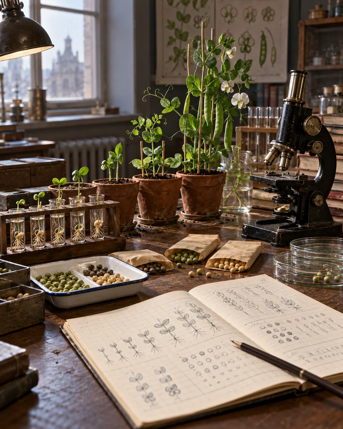 AI-generated visual context for plant genetics research, with pea plants, microscope, and observation notes; it does not depict a documented Lysenko experiment.