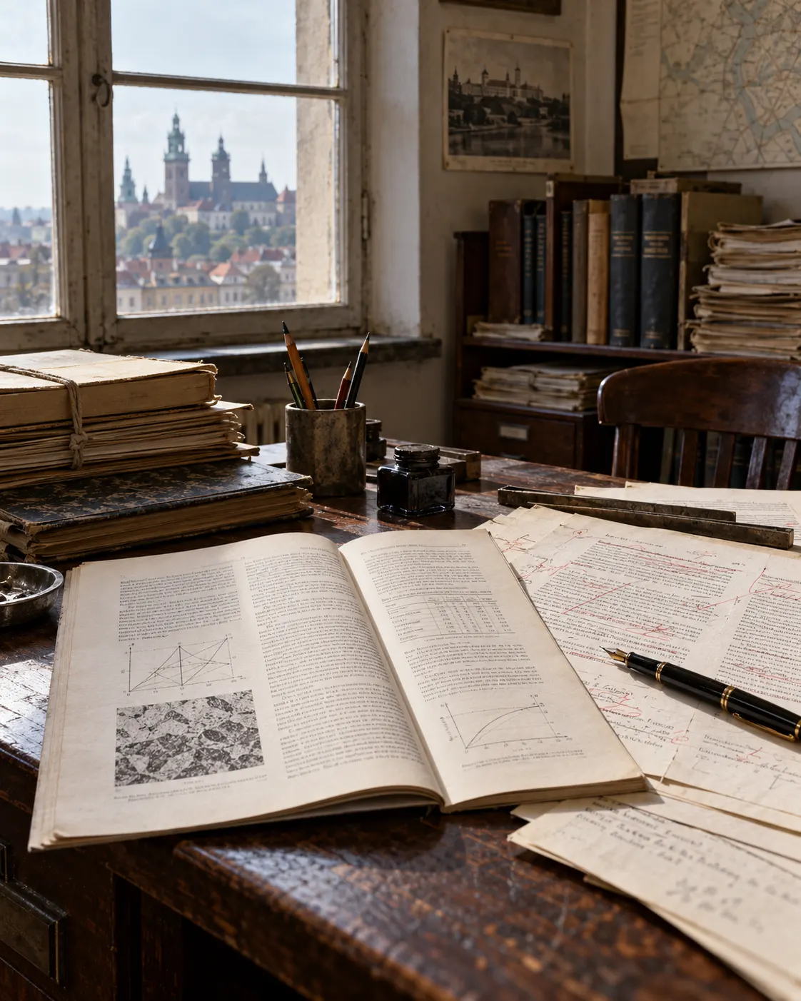 AI-generated reconstruction of a postwar scientific journal editorial desk, not an authentic issue of *Życie Nauki*.