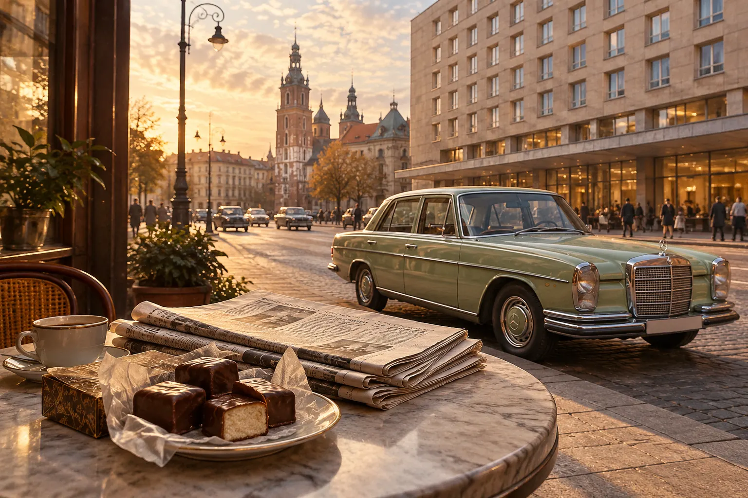 Титульна AI-згенерована ілюстрація / AI-generated cover illustration. A celadon-green Mercedes and folded newspapers appear beside chocolate-covered marzipan on a Kraków street.