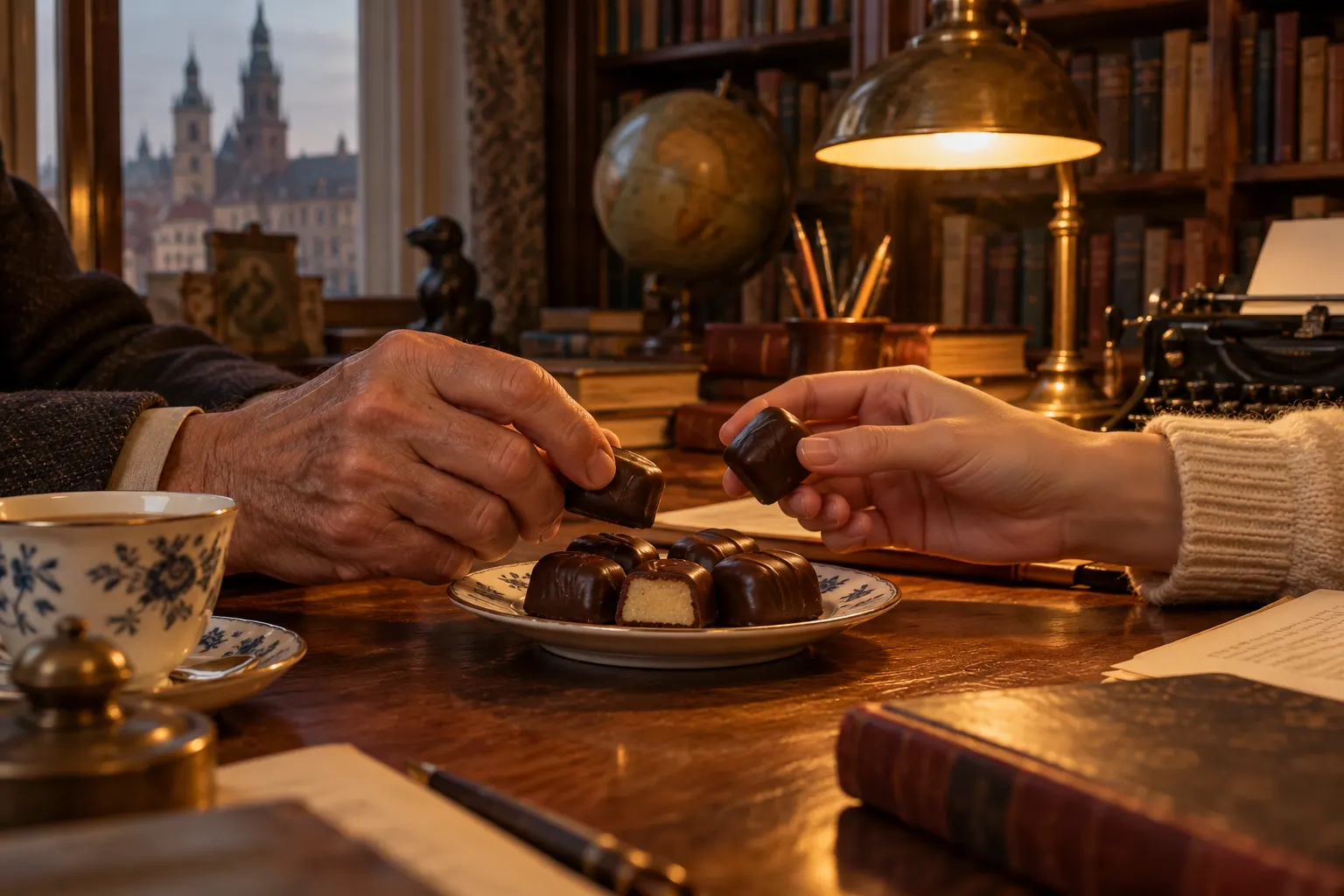 AI-generated illustration of two people sharing chocolate-covered marzipan in a book-lined study, representing a family recollection.