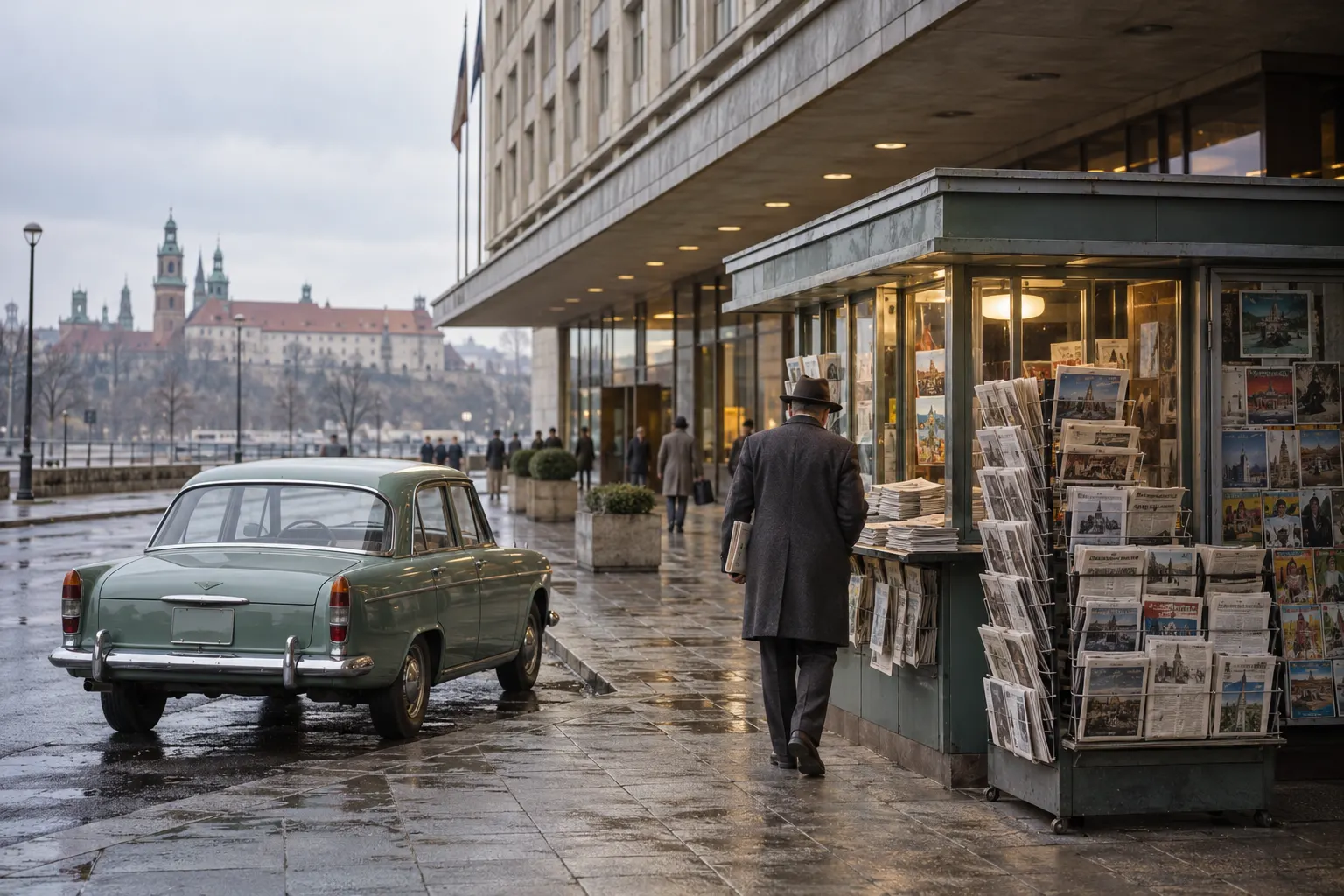 AI-generated illustration of a celadon-green sedan outside a Kraków hotel kiosk where a customer collects international newspapers.