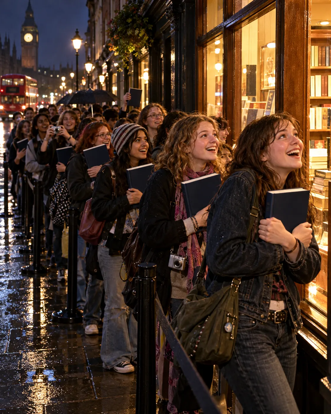 Титульна AI-концепція нічного запуску книжки біля книгарні / AI conceptual illustration of a nighttime book launch outside a bookshop.