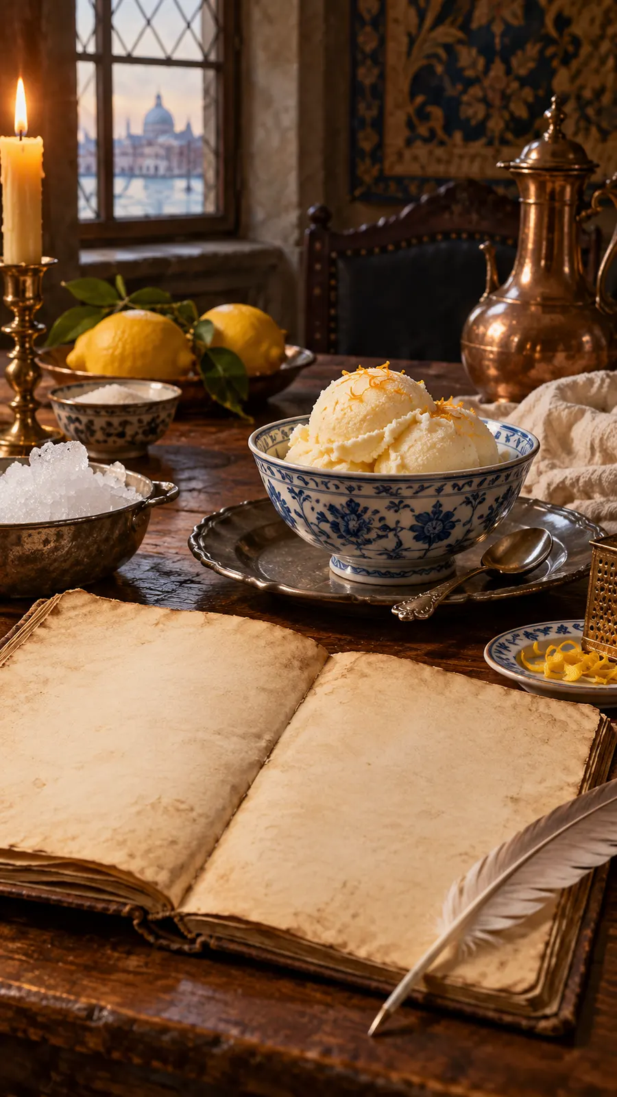 AI-generated still life of frozen cream and blank parchment, not a historical recipe document. Origin: OpenAI image generation, 2026-10-25.