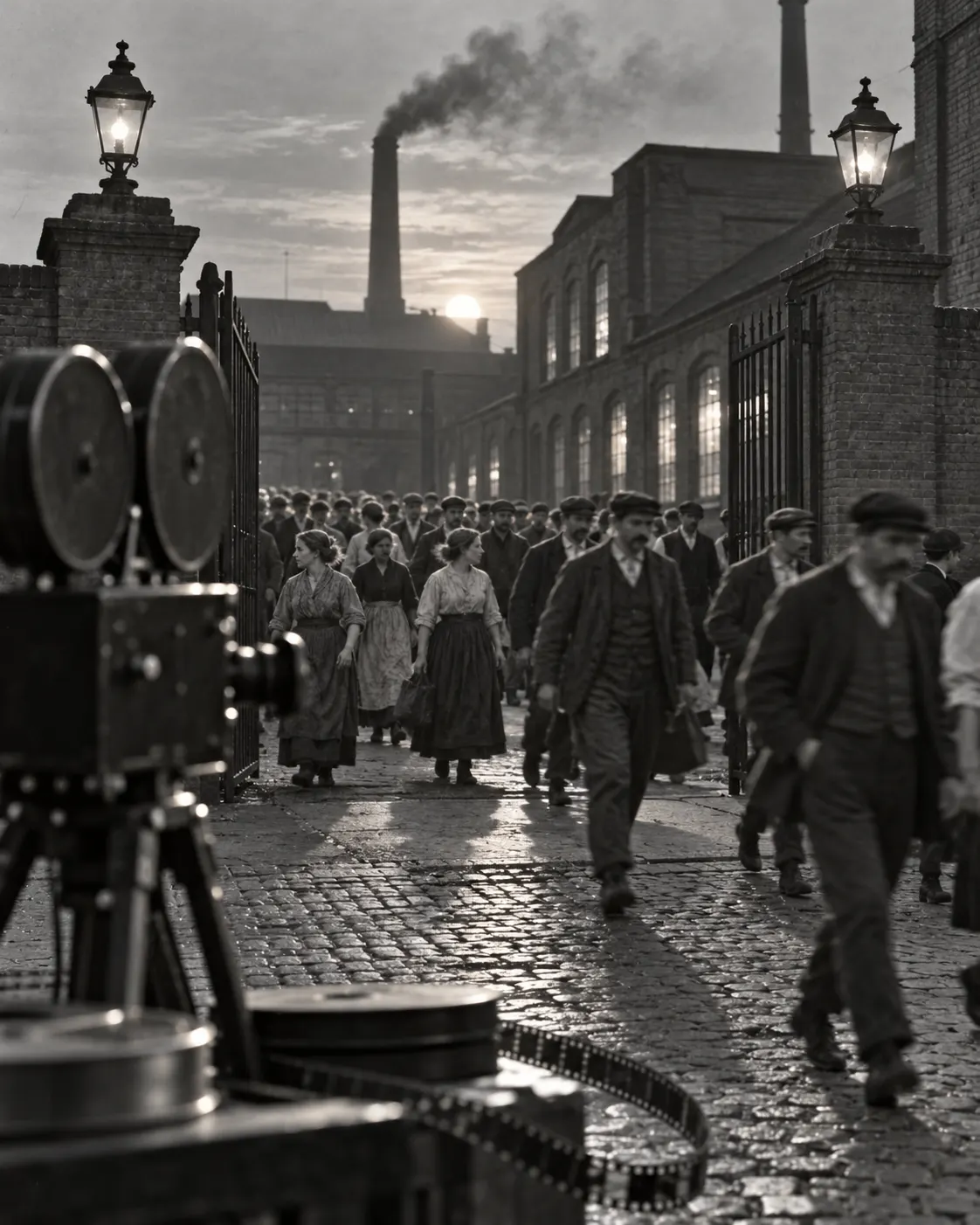 AI-generated symbolic Victorian factory scene; it is not an archival frame from the Lumière film.