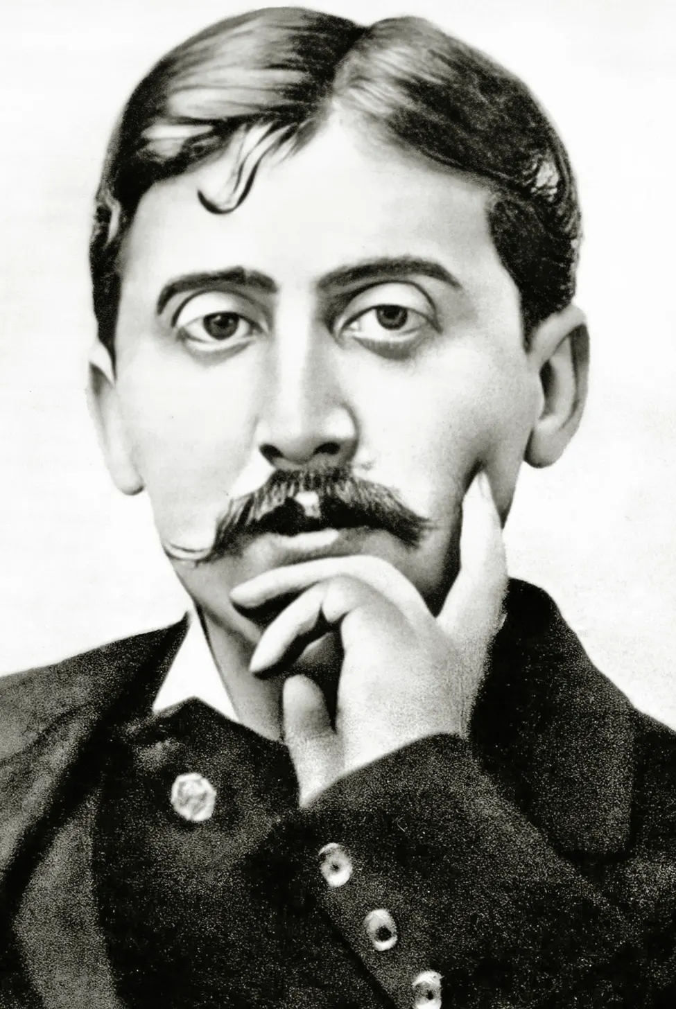 documentary portrait photograph of Marcel Proust, dated circa 1895 and credited to Otto Wegener. Original file page: https://commons.wikimedia.org/wiki/File:Marcel_Proust_vers_1895.jpg. Public domain; the hosted reproduction is retouched for contrast and sepia tone.