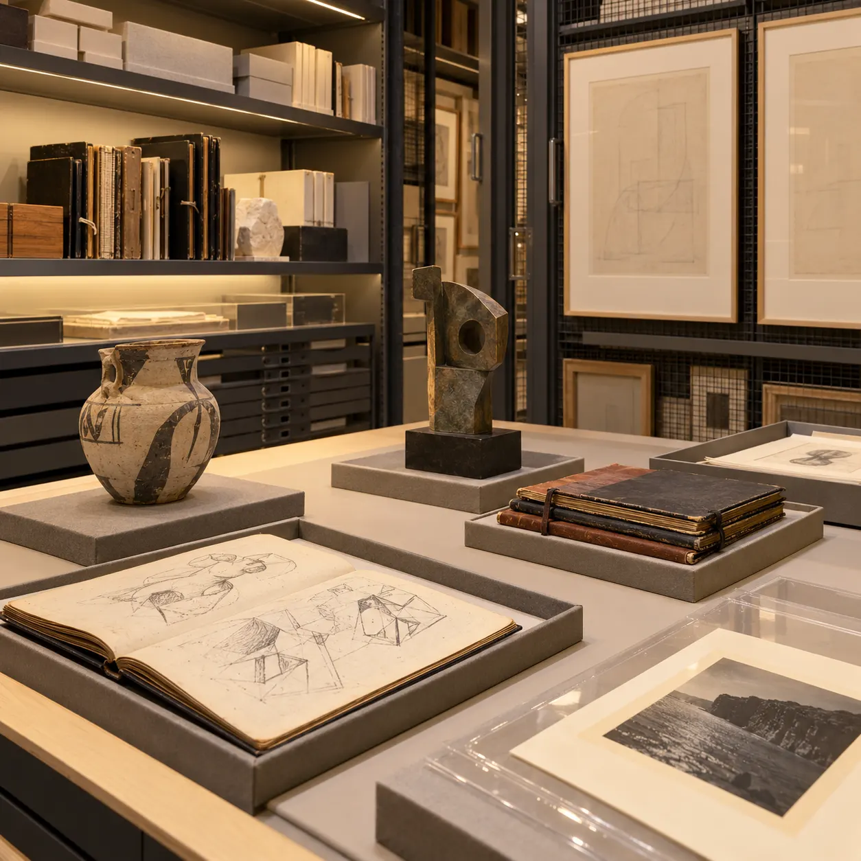 original AI-generated symbolic museum archive showing generic books, ceramic and sculptural objects and study papers; not a photograph of Picasso’s collection.