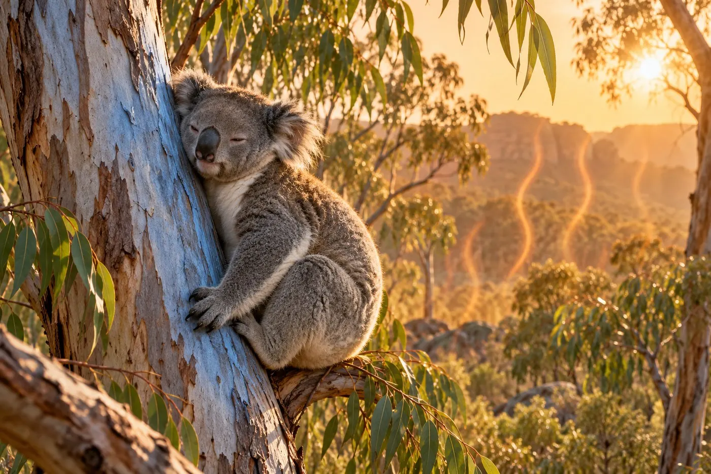 A koala touching a eucalyptus trunk that is visually contrasted with warm surrounding air.