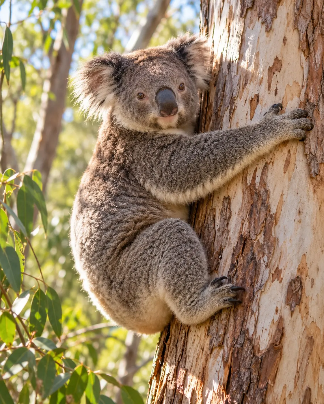 Титульна AI-згенерована ілюстрація / AI-generated cover illustration. A koala hugging a eucalyptus trunk in a sunlit Australian forest.