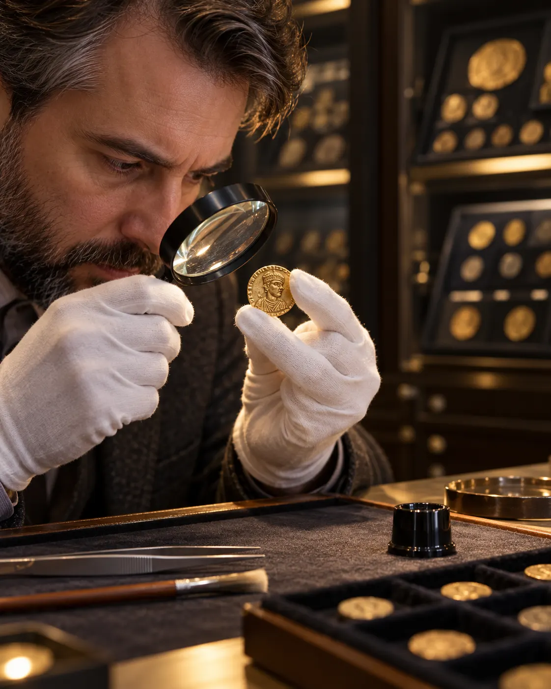 A numismatist studies a generic early medieval gold coin under magnification; not a reproduction of Volodymyr’s coin.