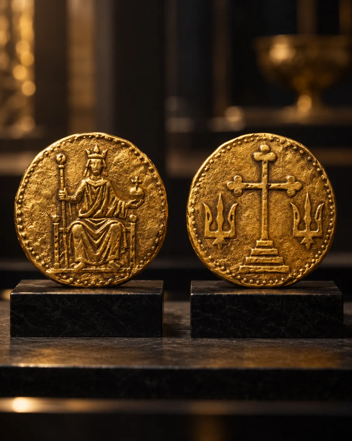 An imagined gold coin with a seated ruler and abstract reverse motif; symbolic reconstruction, not an exact zlatnik.