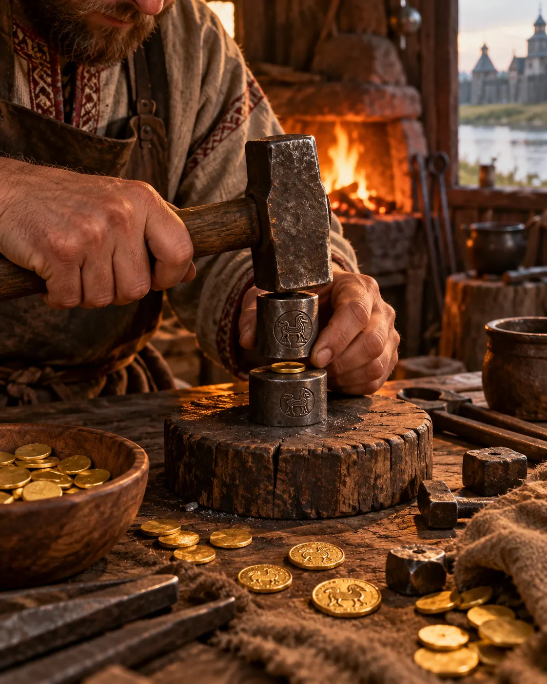A craftsperson strikes a generic gold coin blank using simple dies in a reconstructed early medieval workshop.