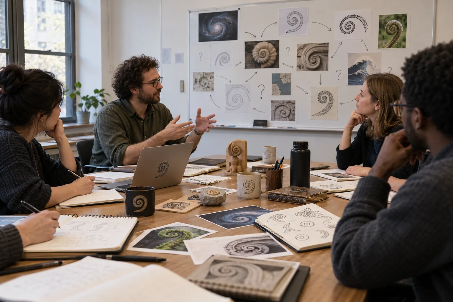 AI-generated illustration of researchers discussing overlapping versions of a motif, representing the difficulty of defining where a meme begins and how it is copied.