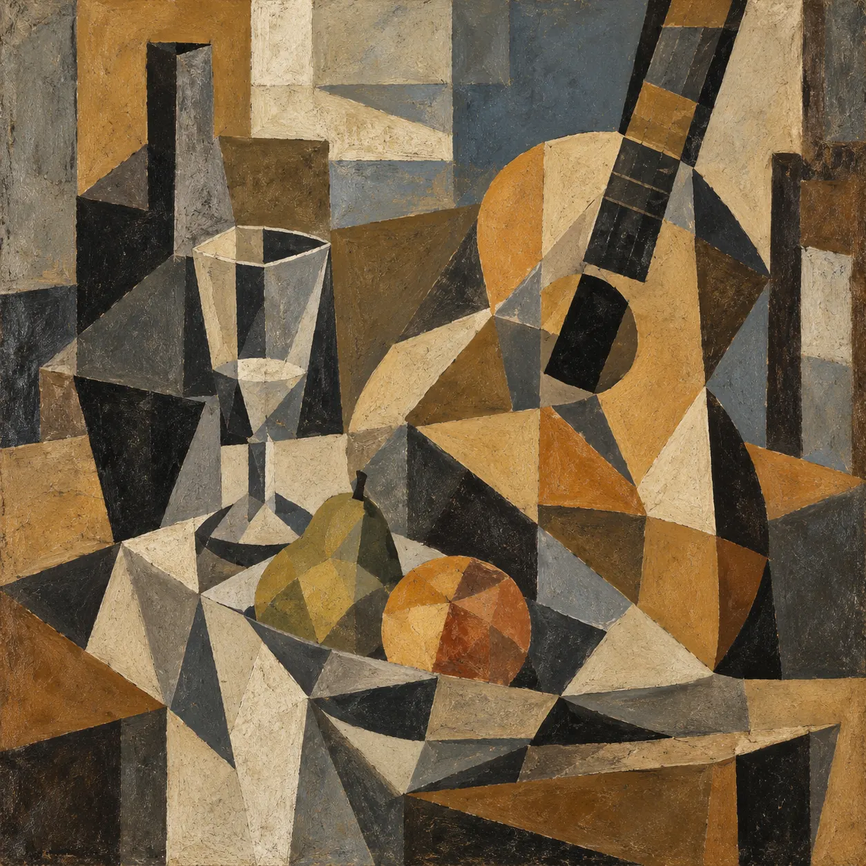 original AI-generated symbolic still life arranged into geometric planes to explain Cubist methods. It does not reproduce an identifiable Picasso or Braque painting.