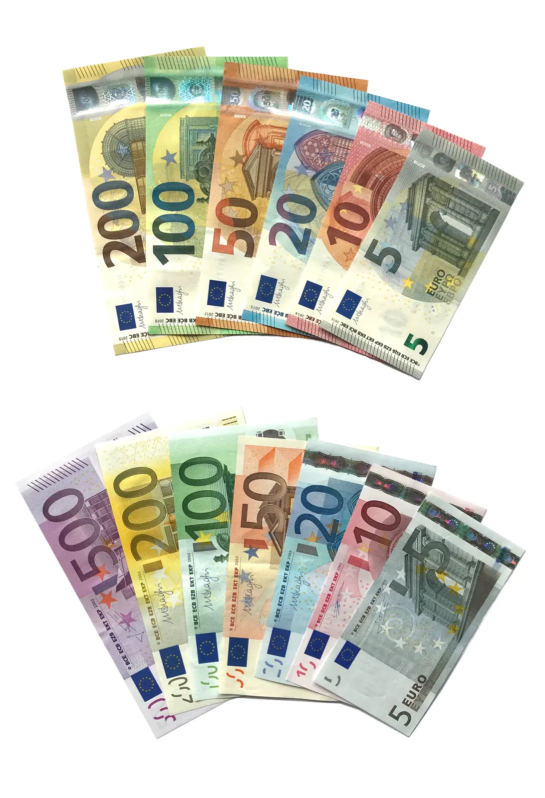 collage of first-series and Europa-series denominations, photographed by Bericht, Wikimedia Commons; released CC0 1.0. Banknote reproduction use is subject to ECB conditions; collage is visibly multiple notes and is not usable as legal tender. No edits. https://commons.wikimedia.org/wiki/File:All_Euro_banknotes.png