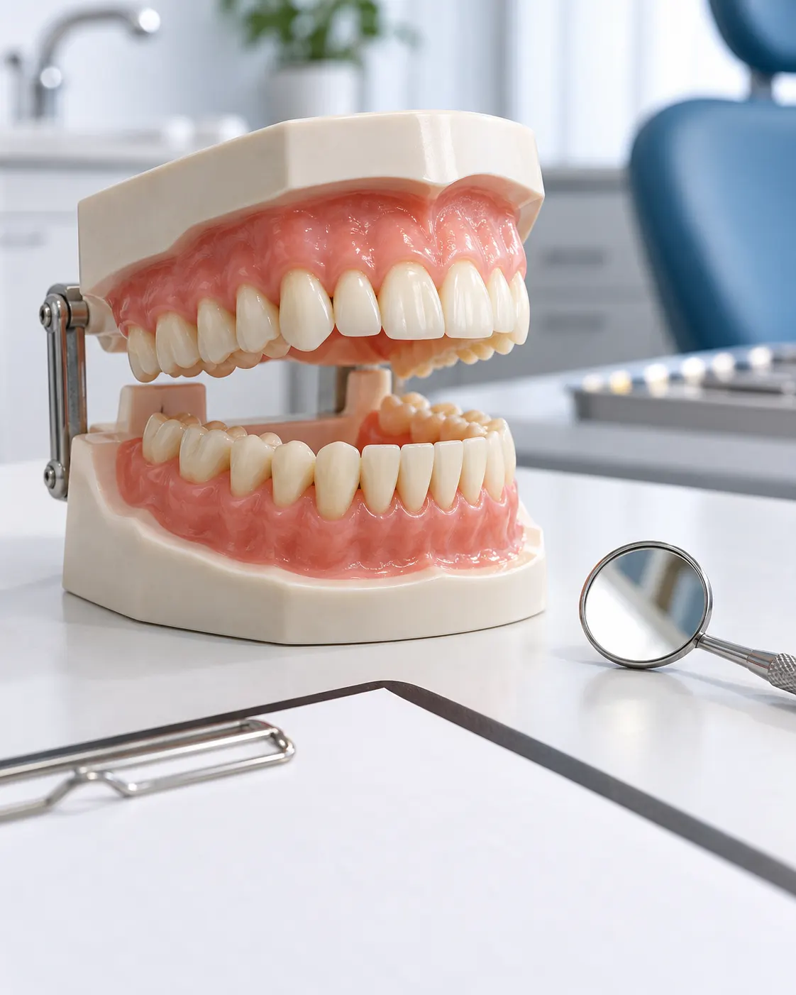 AI-generated dental teaching model illustrating adult dentition; it does not depict Kumar or make an exact tooth-count claim. Prompt: “Photorealistic vertical 4:5 editorial still life of a clean educational dental jaw model with natural adult teeth on a bright clinic table beside a dental mirror and a blank chart. Non-graphic teaching context, no real patient, no extra teeth or exact count claim. No readable text, numbers or logos.” Generated 20 October 2026.