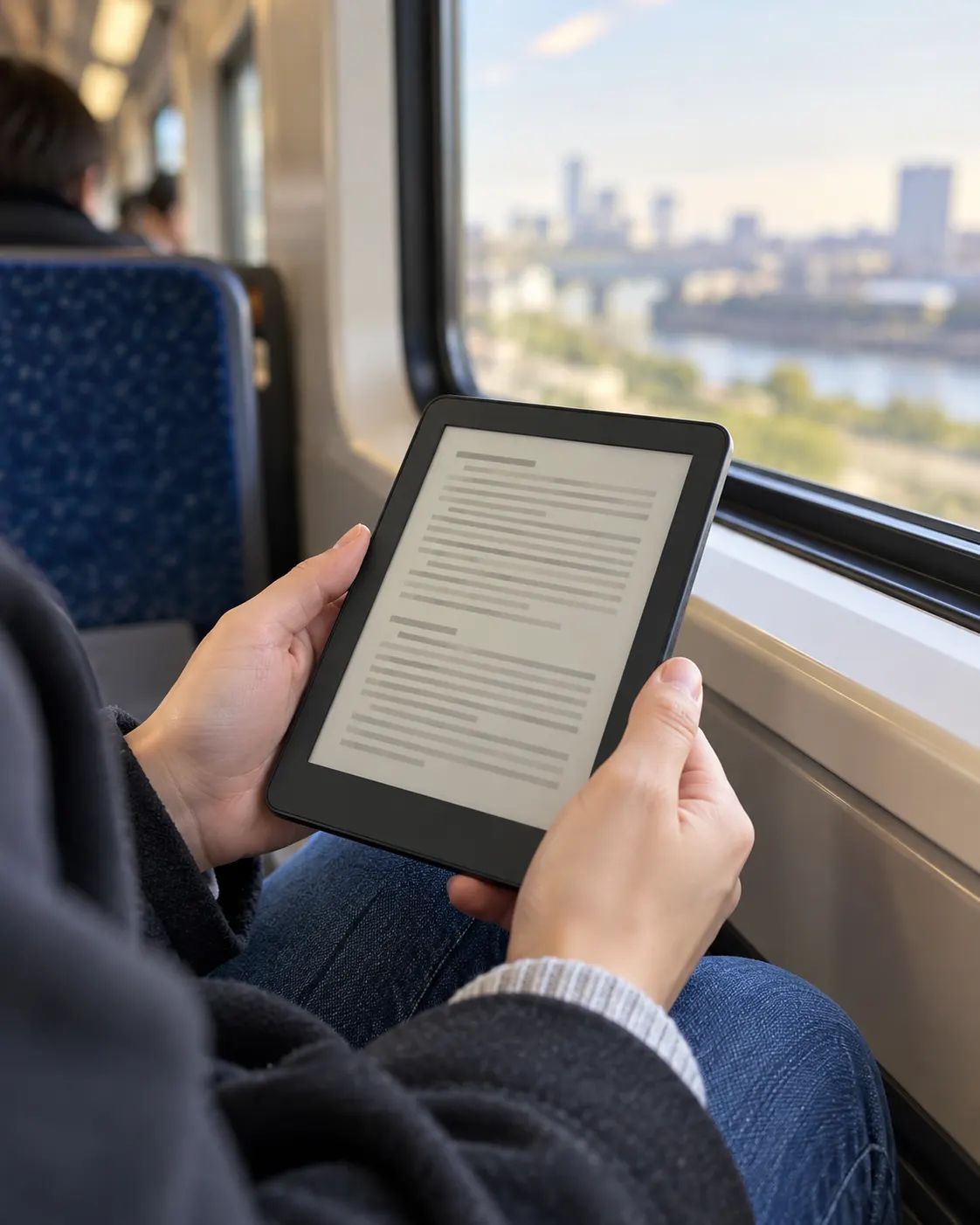 AI-generated scene of an anonymous person reading on a generic modern e-reader, with no brand details. Prompt: “Photorealistic editorial close-up of a generic modern e-reader in a commuter's hands on a train, crisp e-ink screen with abstract unreadable lines, soft daylight through window, vertical 4:5. Do not show brand names, readable text, or trademarked device details.” Generated 2026-10-19.