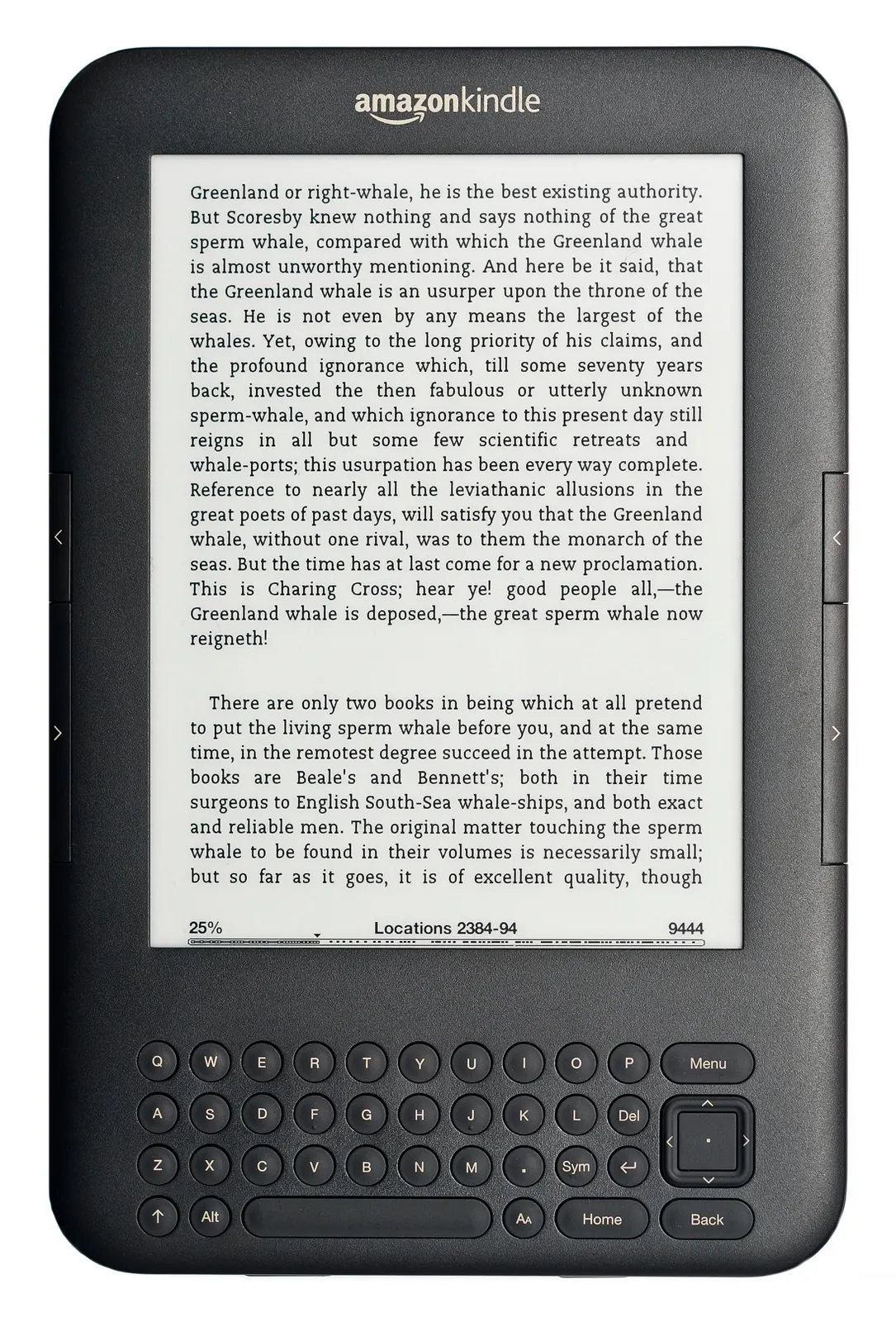 documentary photograph of a third-generation Amazon Kindle displaying text from *Moby-Dick*; real e-reader, not a fictional prop. Photographer: NotFromUtrecht. [Original file page](https://commons.wikimedia.org/wiki/File:Amazon_Kindle_3.JPG), [CC BY-SA 3.0](https://creativecommons.org/licenses/by-sa/3.0/). Attribution: “NotFromUtrecht / Wikimedia Commons / CC BY-SA 3.0”; no edits. Downloaded original 2256 × 3328 JPEG and visually checked.