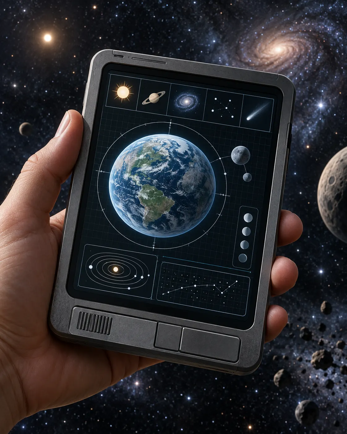 AI-generated fictional handheld encyclopedia displaying generic planetary information; not a depiction of the Hitchhiker's Guide prop. Prompt: “Photorealistic editorial illustration of an imagined pocket encyclopedia device from late twentieth-century science fiction: a compact generic electronic slate displaying a clean planetary map and simple astronomy icons, held against a neutral deep-space backdrop, vertical 4:5. No characters, logos, recognizable film props, readable words, or claim to depict the Hitchhiker's Guide itself.” Generated 2026-10-19.