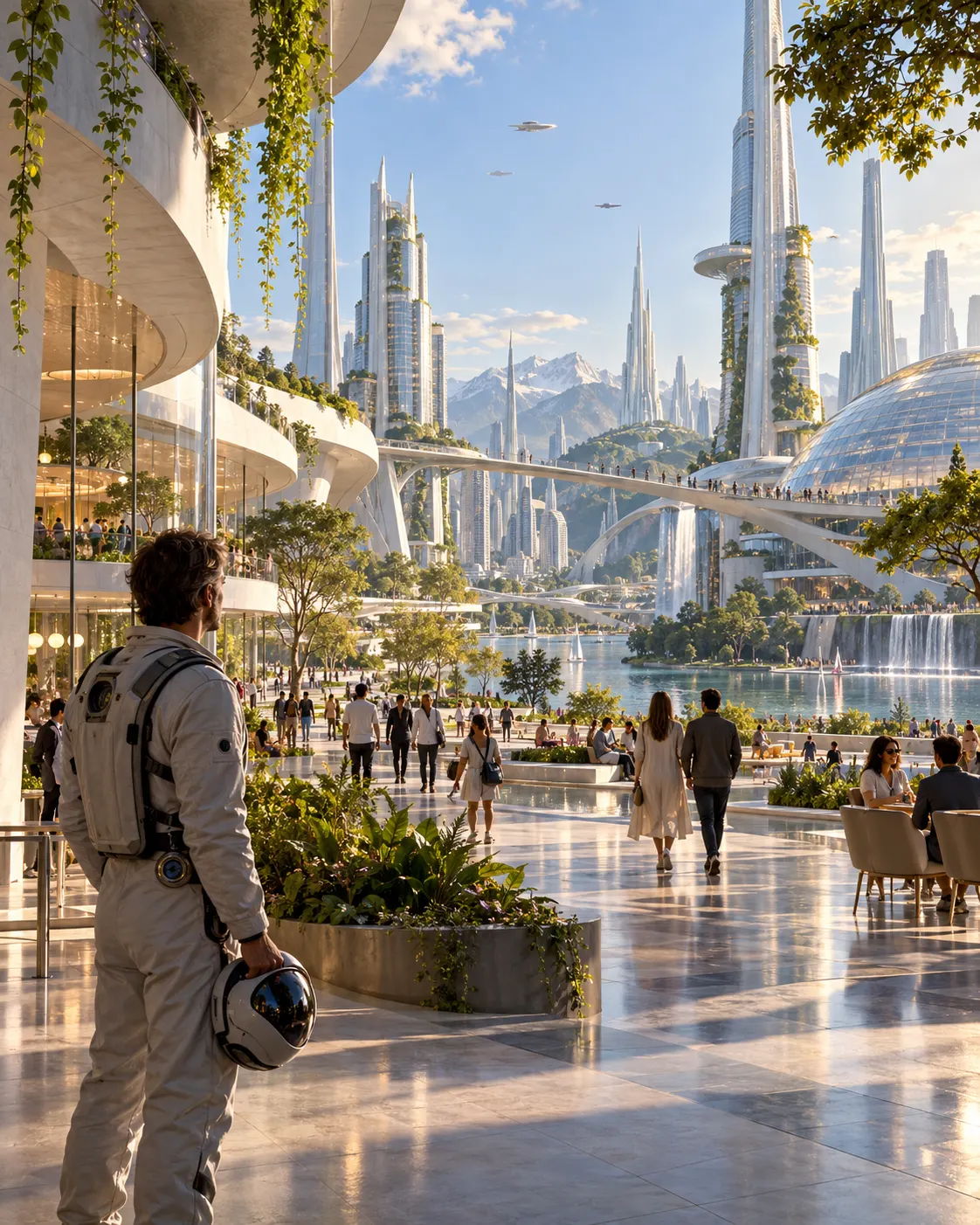 AI-generated conceptual illustration of a calm, prosperous future Earth city observed by a returned traveler.