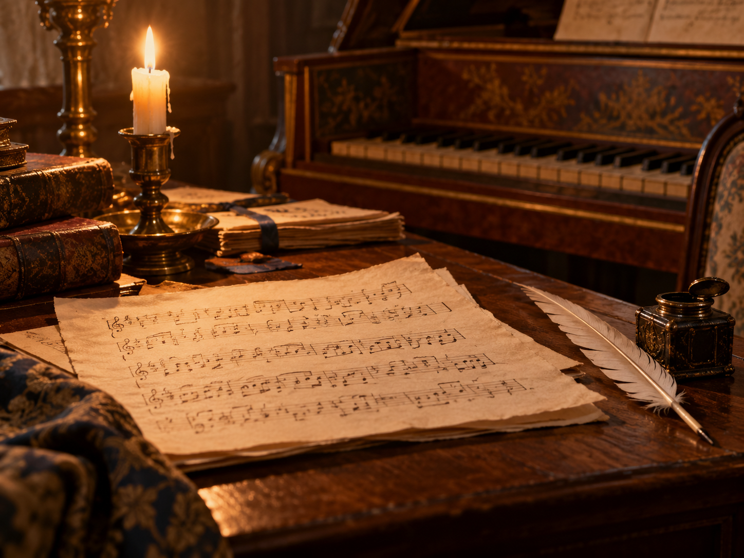 AI-generated editorial still life of a musical manuscript, quill, candle, and keyboard instrument, evoking Mozart’s earliest known compositions.
