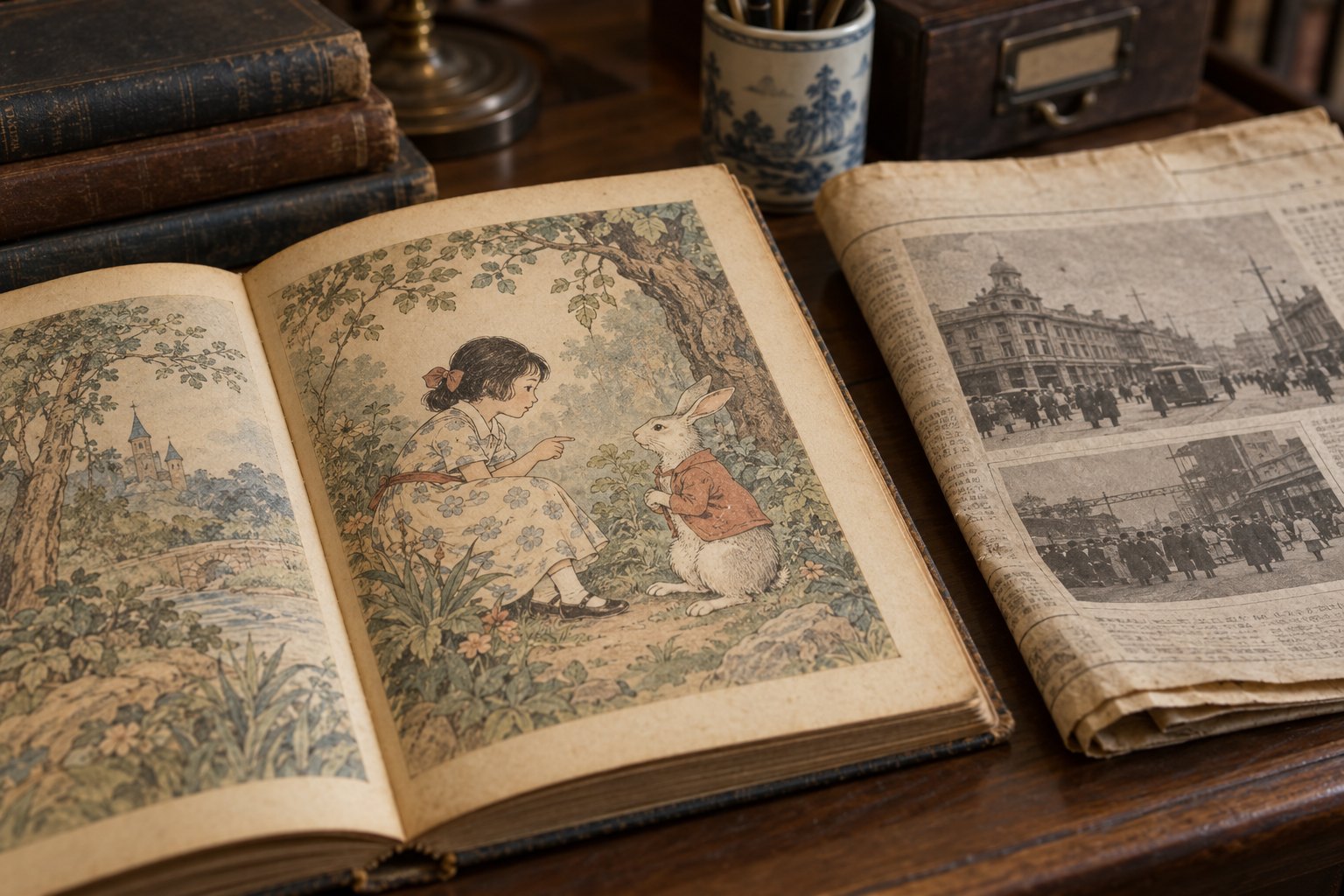 close view of an old fantasy storybook and newspaper. Generated 2026-10-28 with OpenAI image generation.
