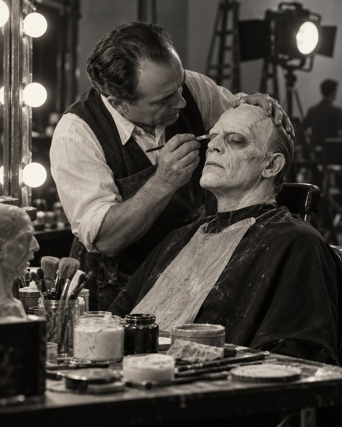 AI-generated symbolic makeup-room scene, not Boris Karloff or a reconstruction of the exact Frankenstein makeup design.