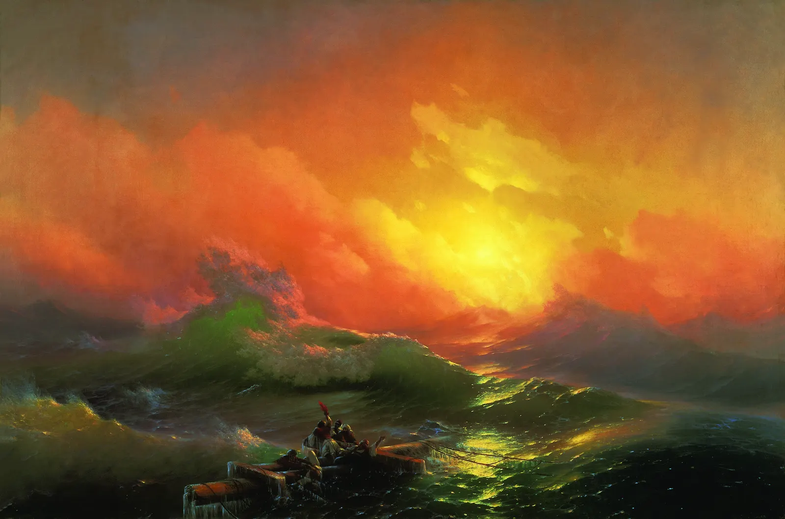 Ivan Aivazovsky, *The Ninth Wave* (1850), held by the State Russian Museum. Wikimedia Commons file page https://commons.wikimedia.org/wiki/File:Aivazovsky,_Ivan_-_The_Ninth_Wave.jpg lists the two-dimensional artwork and faithful reproduction as public domain under PD-Mark. Creator: Ivan Aivazovsky; credit source: Hermitage torrent per Commons metadata; attribution: Ivan Aivazovsky / Hermitage digitization / Wikimedia Commons. Image visually checked 2026-10-28.