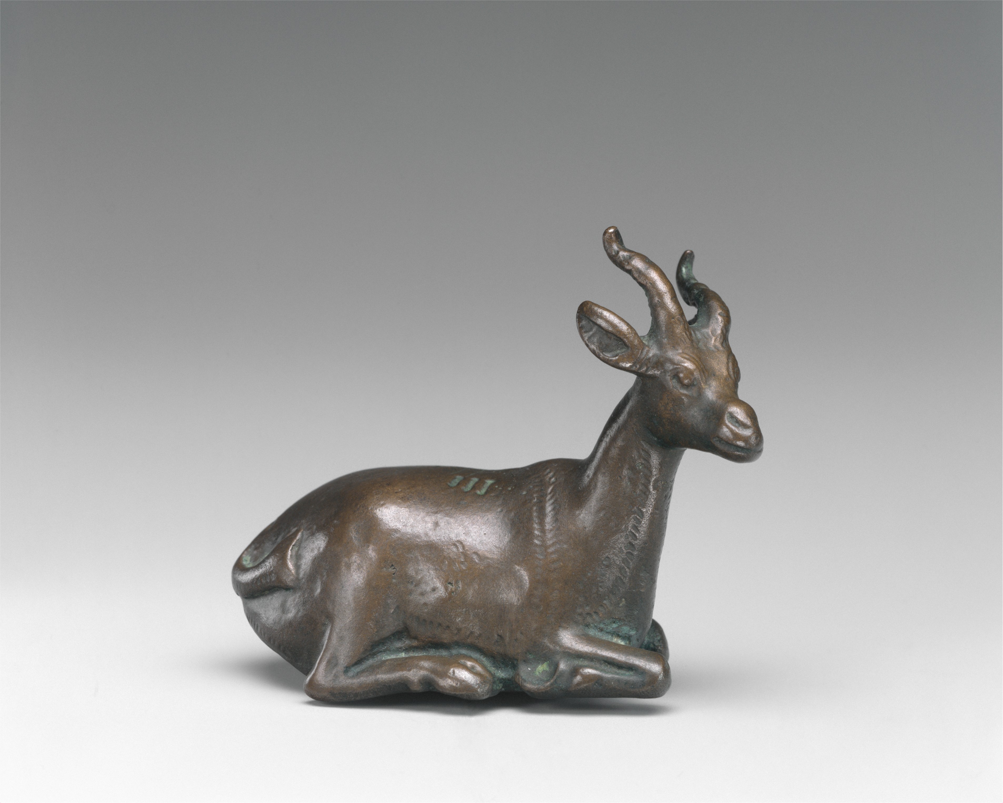 bronze/copper-alloy weight shaped as a gazelle, from the Metropolitan Museum of Art, accession 68.139.1. It illustrates a physical weight unit in the ancient Egyptian economy; it is not claimed to be the specific deben cited in the text.