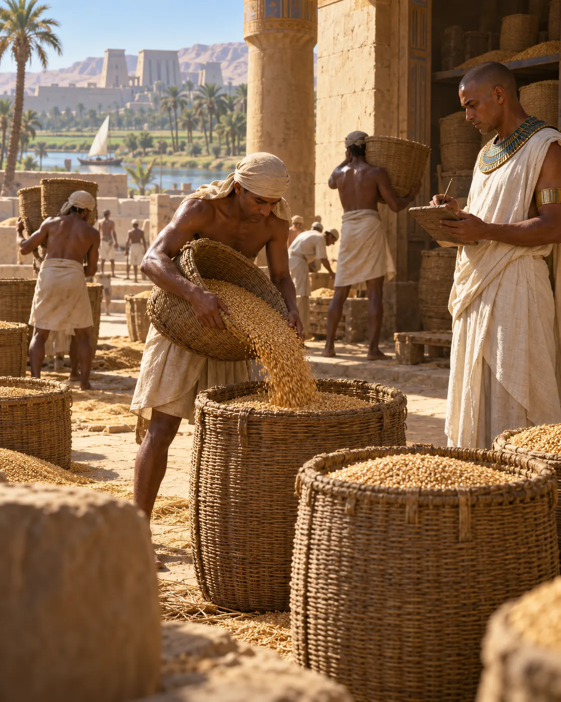 A reconstructed Egyptian granary scene showing grain being measured and recorded; not a specific documented transaction.