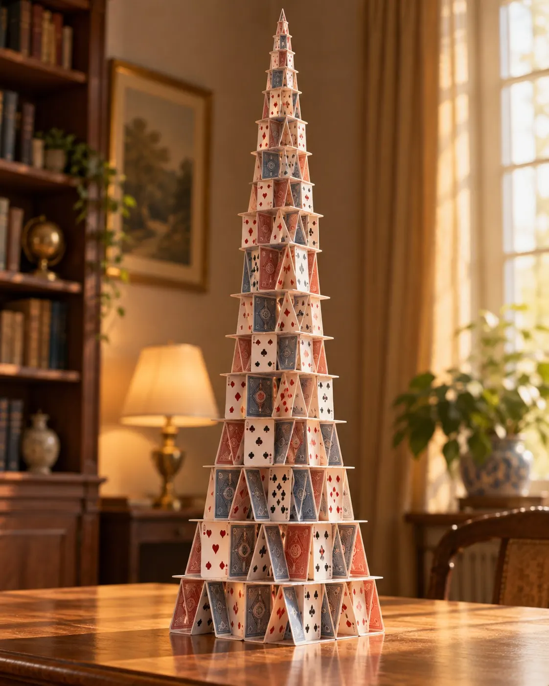 AI-generated cover of a fictional tall house of cards; not Bryan Berg’s 1992 structure and not an exact 75-level count. Prompt: “Photorealistic vertical 4:5 editorial cover of an exceptionally tall, delicate house of cards rising from a tabletop, intricate repeating card levels, classic playing cards with blank or abstract non-readable backs, warm studio light and shallow depth of field. Fictional structure, not Bryan Berg's 1992 record build and no exact 75-level count implied. No readable text, logos, people or numbers.” Generated 20 October 2026.