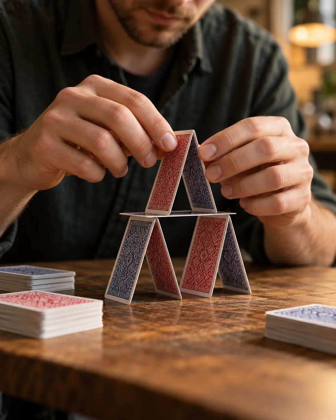 AI-generated illustration of hands building a small house of cards; fictional demonstration, not Berg or his record structure. Prompt: “Photorealistic vertical 4:5 editorial close-up of careful hands building a small house of cards on a table, a few stacked decks nearby, shallow depth of field, warm workshop light. Generic demonstration, not Bryan Berg or his 1992 record structure. No text, logos, readable card faces or numbers.” Generated 20 October 2026.