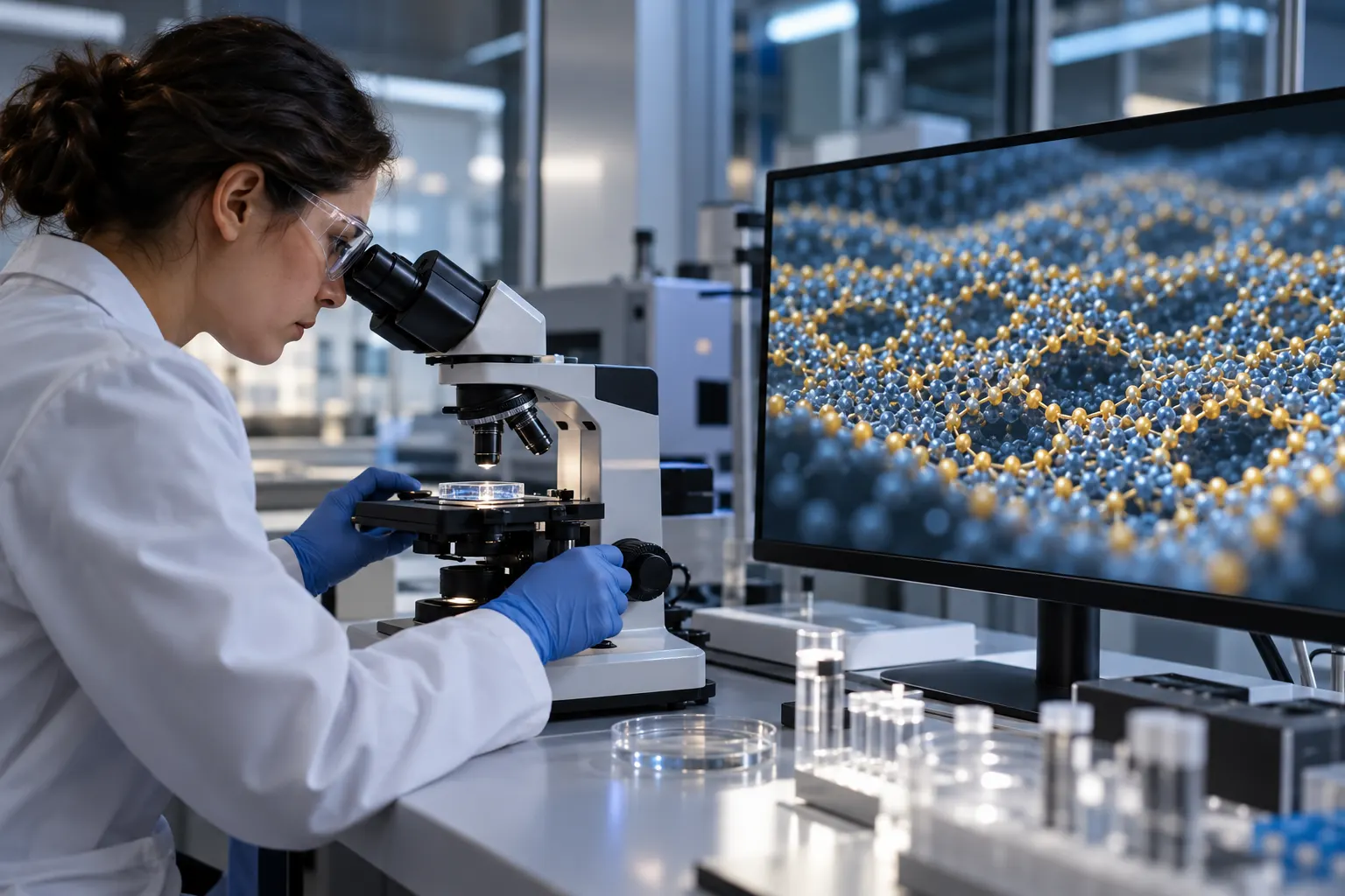 AI-generated illustration of a laboratory studying an abstract molecular material visualization, representing a speculative technology theme.