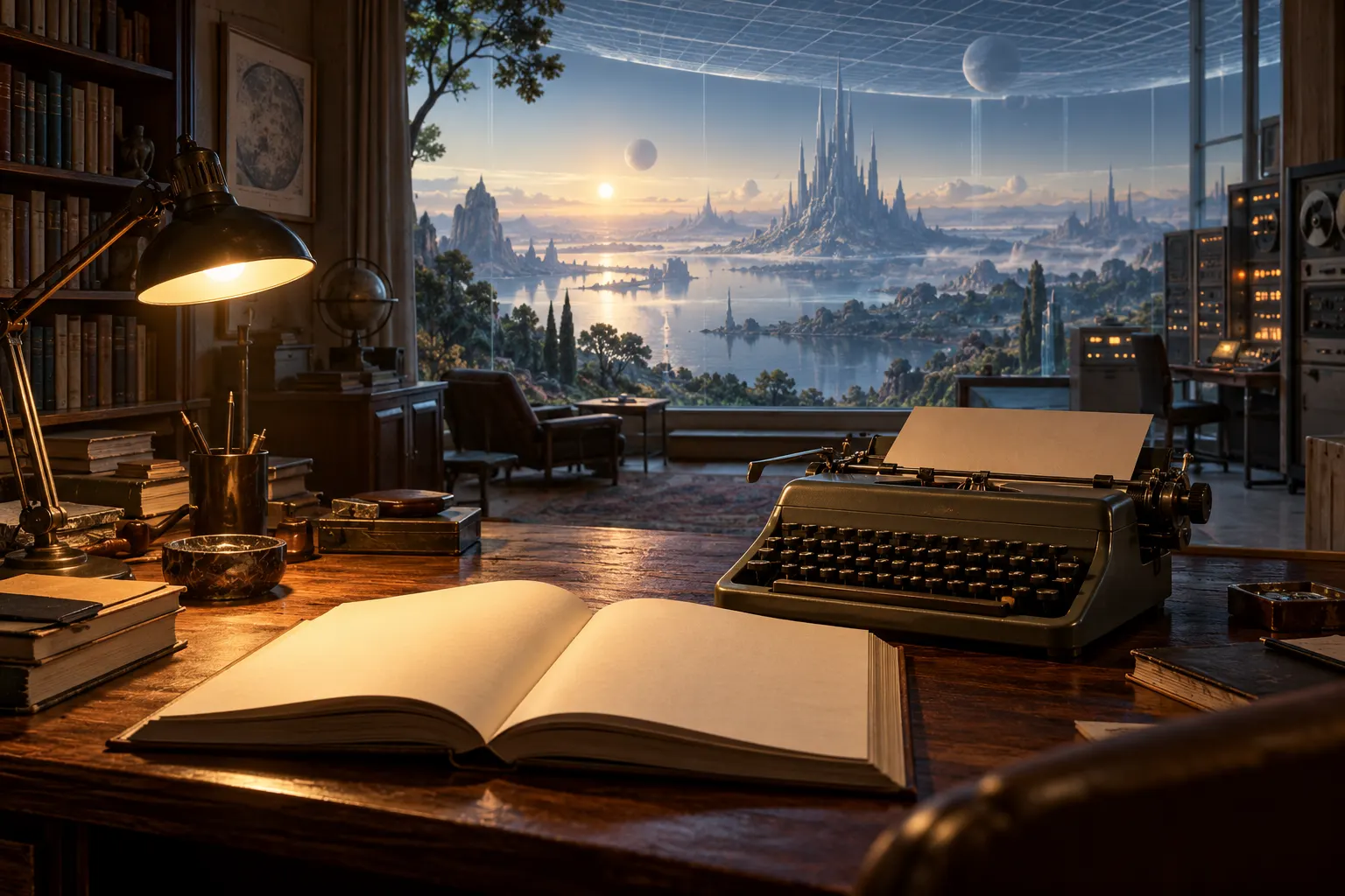 Титульна AI-згенерована ілюстрація / AI-generated cover illustration. An unmarked book and typewriter open onto an imagined artificial landscape, evoking Lem’s speculative future technologies.