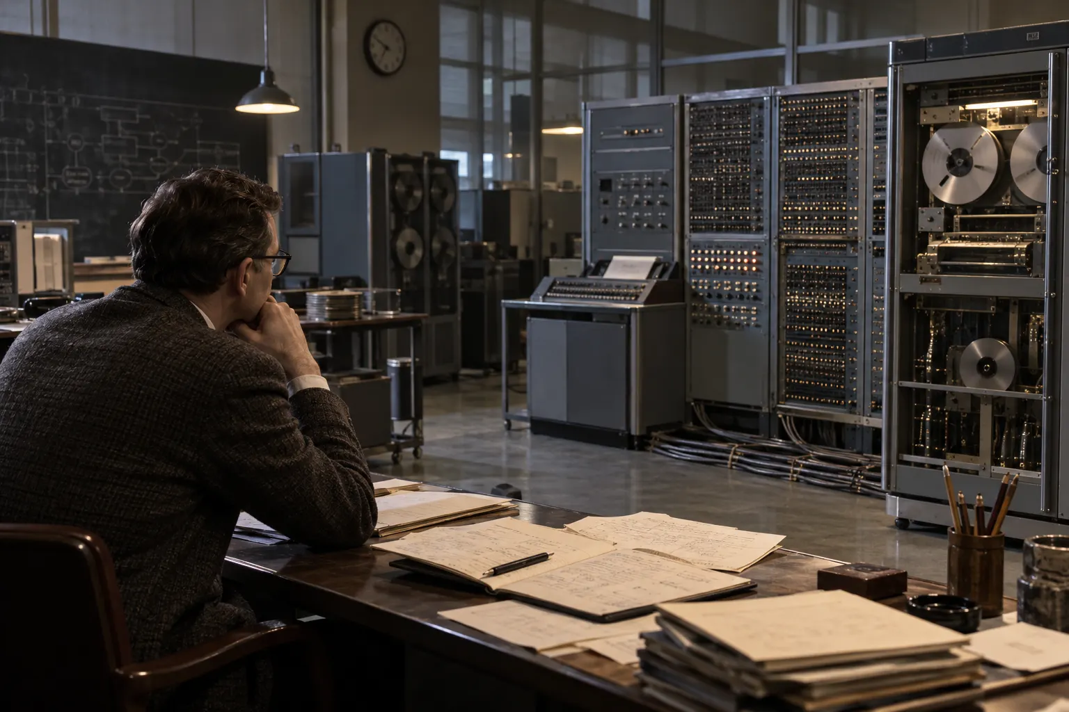 AI-generated illustration of a researcher considering a large 1960s mainframe, representing Lem’s writing about machine intelligence.