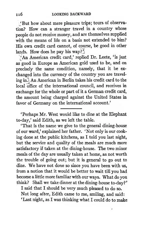scanned page from Chapter X of a later reprint of Bellamy’s novel, showing the passage about exchanging credit cards for foreign travel. It is not represented as the 1888 first-edition page. Public-domain text/scan source; rendered from page 130 of the digitized volume; no content edits.